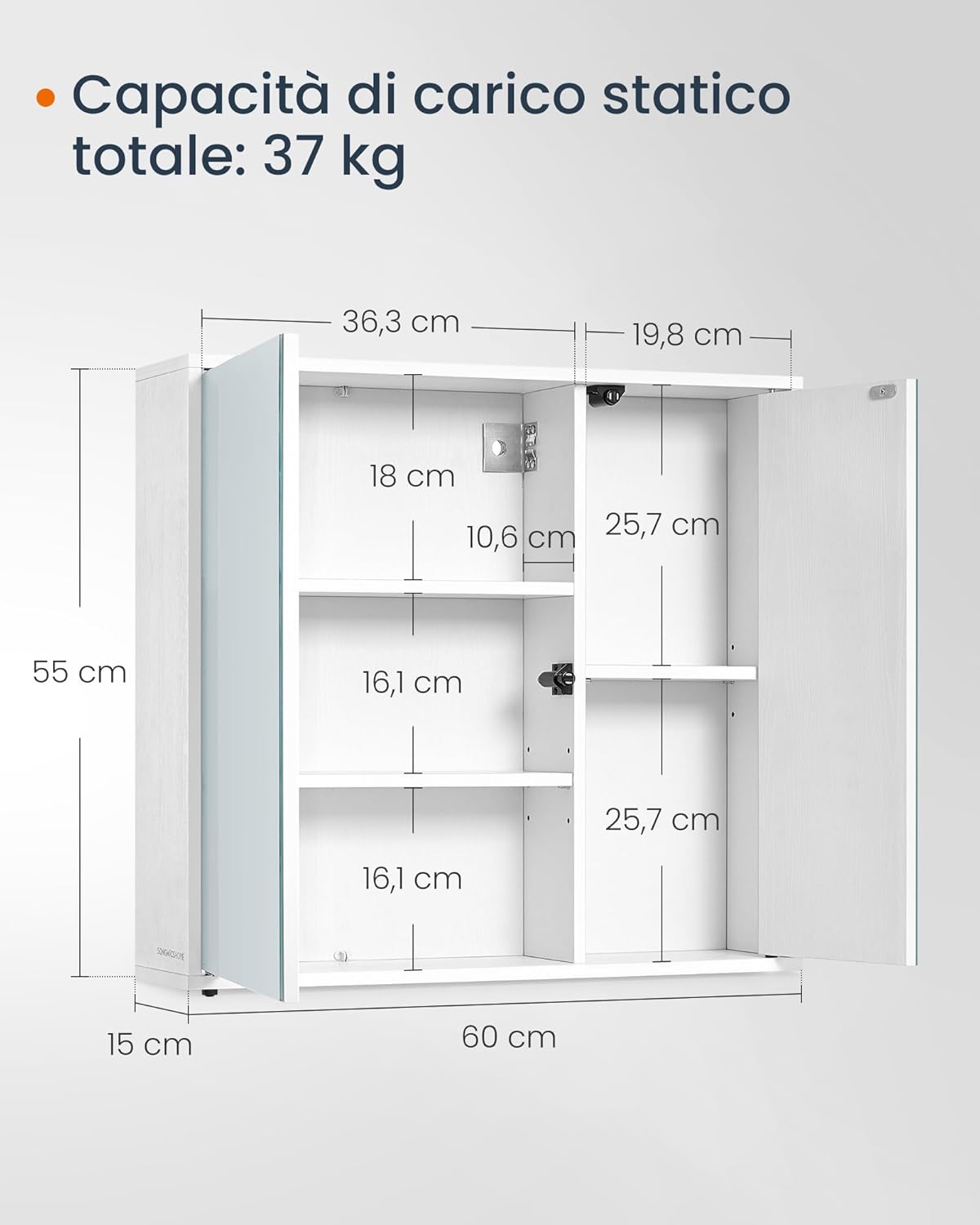 Thumbnail 1 de SONGMICS HOME Mobiletto da Bagno con Specchio 15x60x55 cm