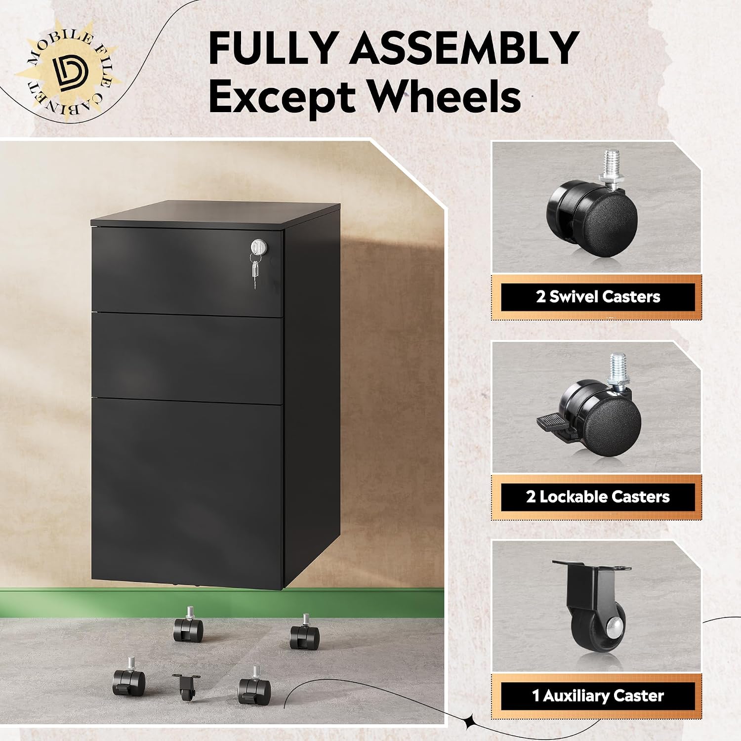 Detalle de DEVAISE 3-Drawer Mobile File Cabinet, Locking Steel, Letter/Legal/A4 File Storage