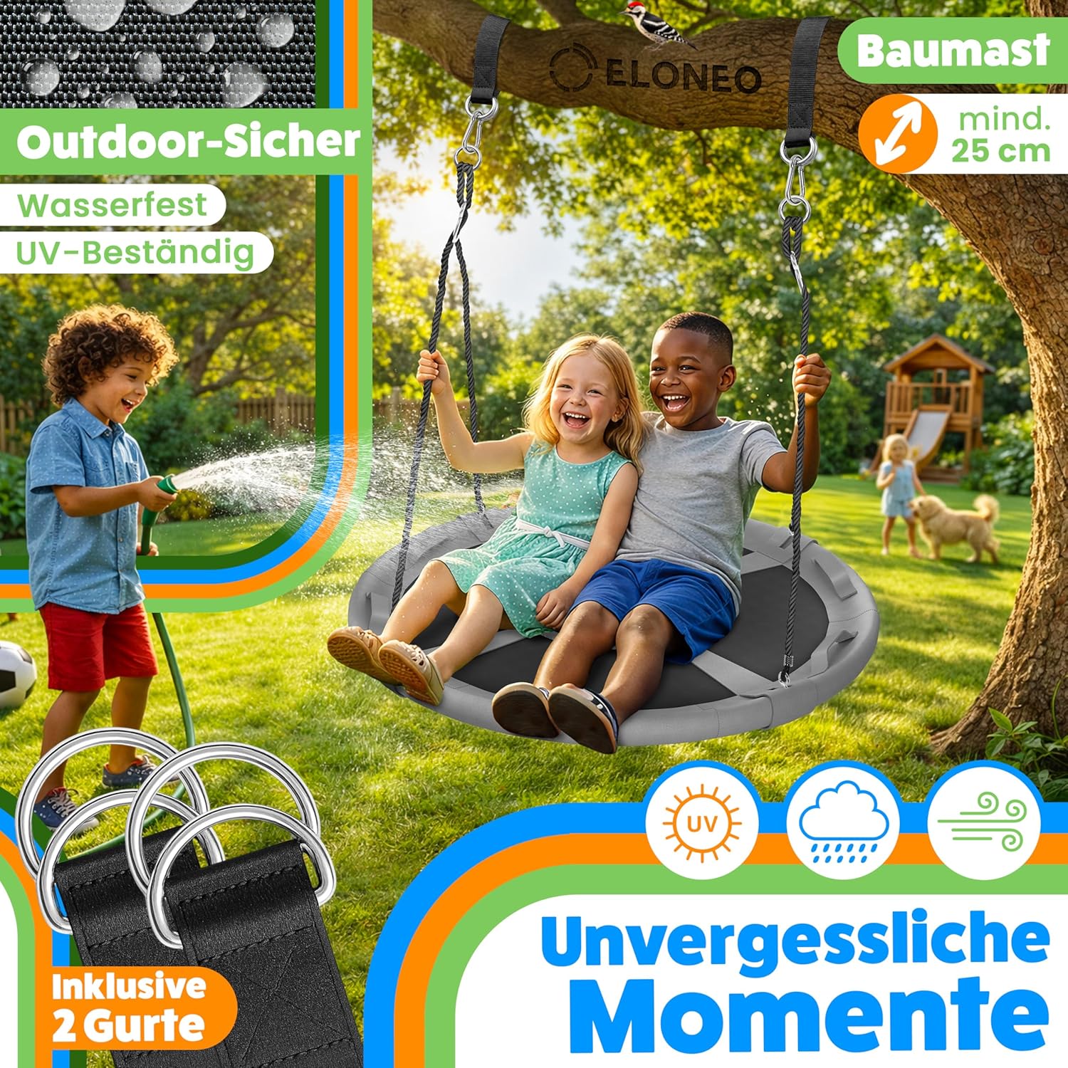 Detalle de ELONEO Balançoire nid 90 cm – balançoire ronde à usage intérieur/extérieur, capacité jusqu’à 300 kg, coussin et kit d’accessoires