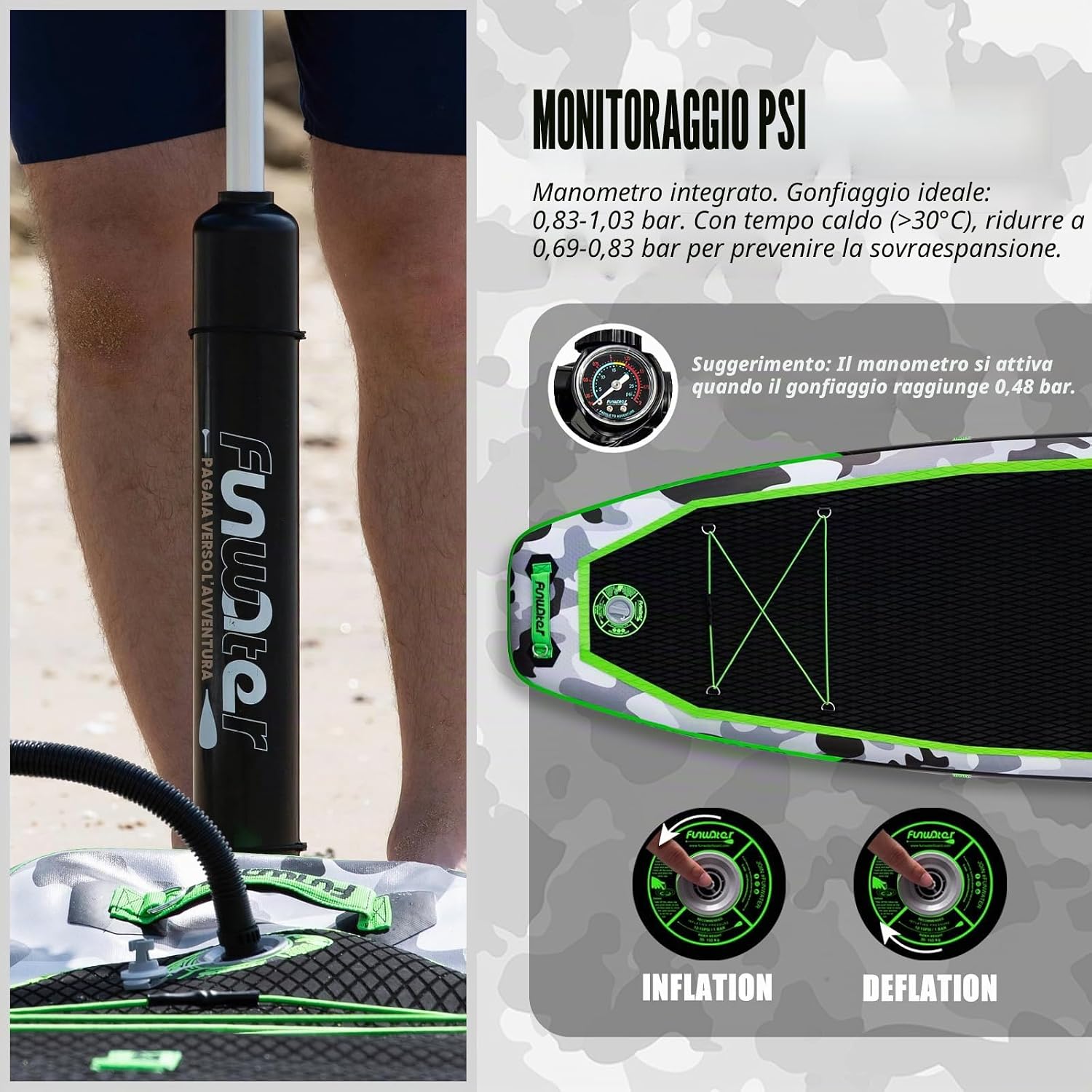Detalle de FunWater Sup Gonfiabile Portatile: Tavola da Stand Up Paddle 10'10" con accessori completi