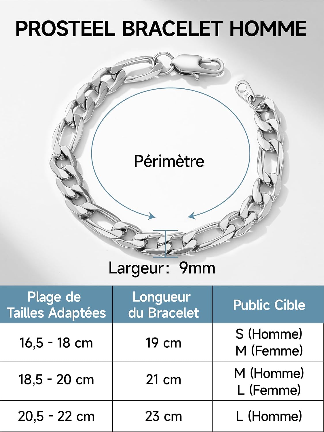 Thumbnail 1 de PROSTEEL Gourmette homme chaîne Figaro en acier inoxydable (316L) / plaqué or ou noir, bracelet 19/21/23 cm