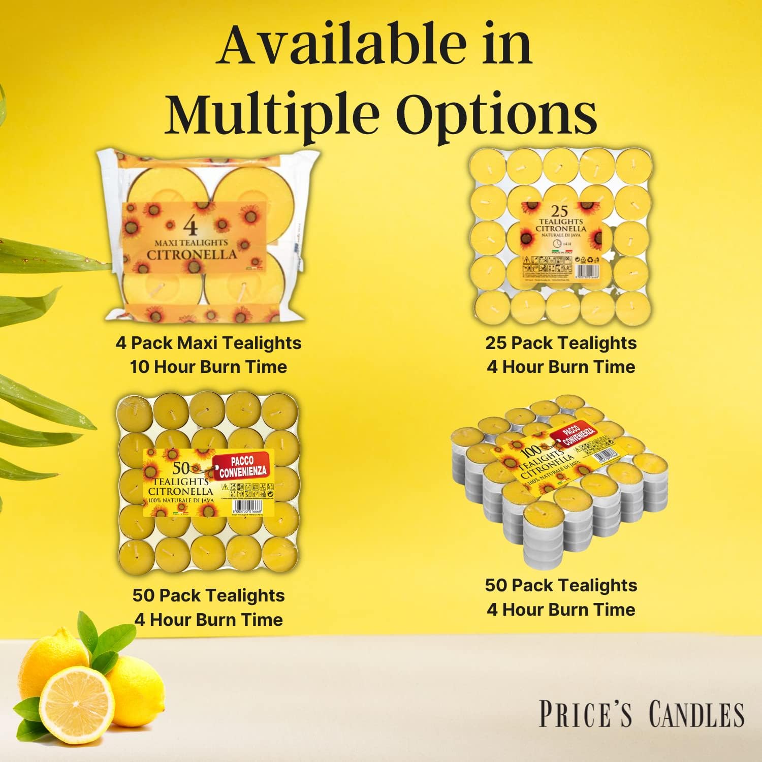 Detalle de Price’s Citronella Scented Tealights (Pack of 4 Maxi Tealights) – fly & insect repellent candles