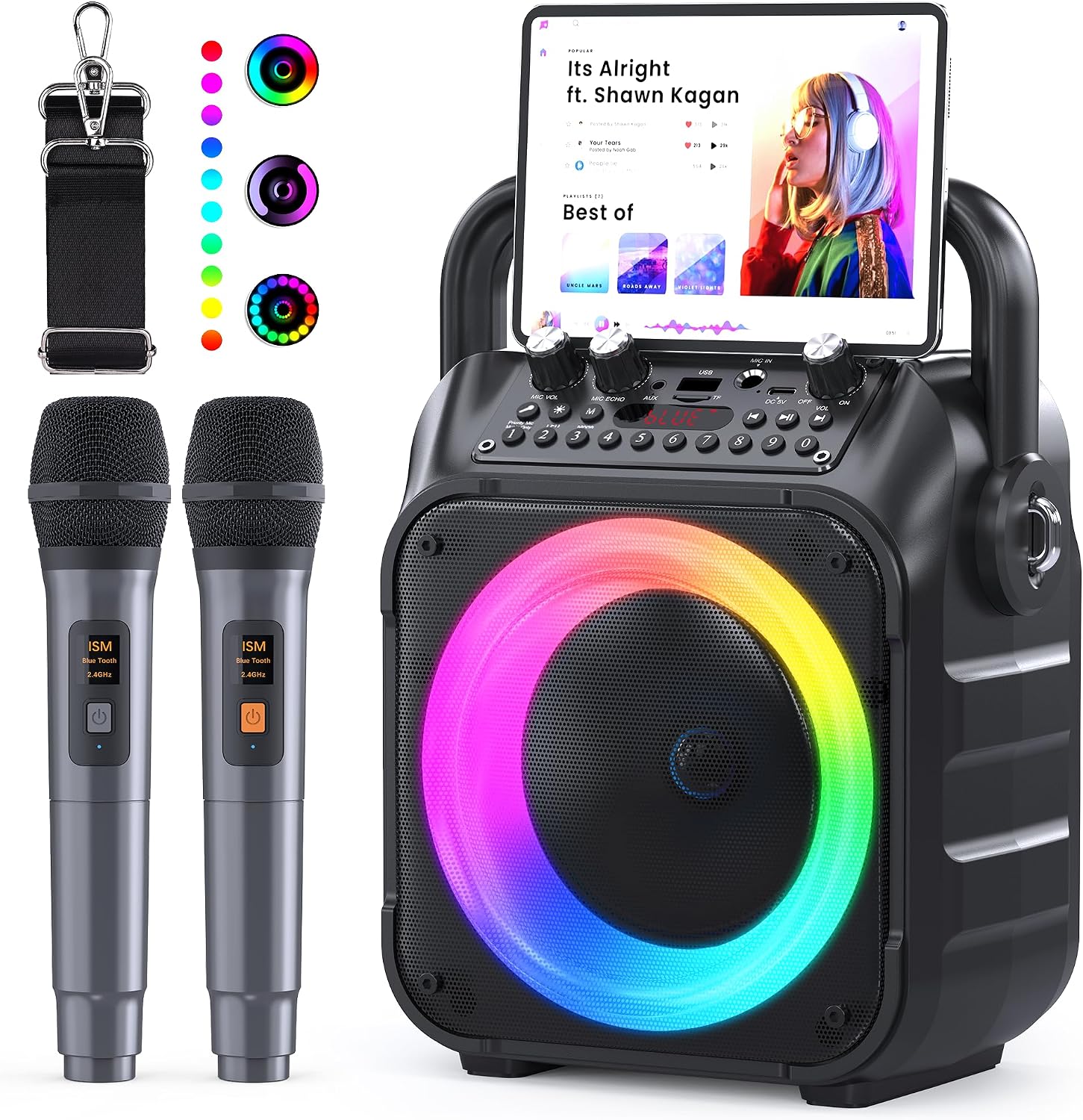 Detalle de Ankuka karaokemachine met 2 draadloze microfoons, Bluetooth en TWS