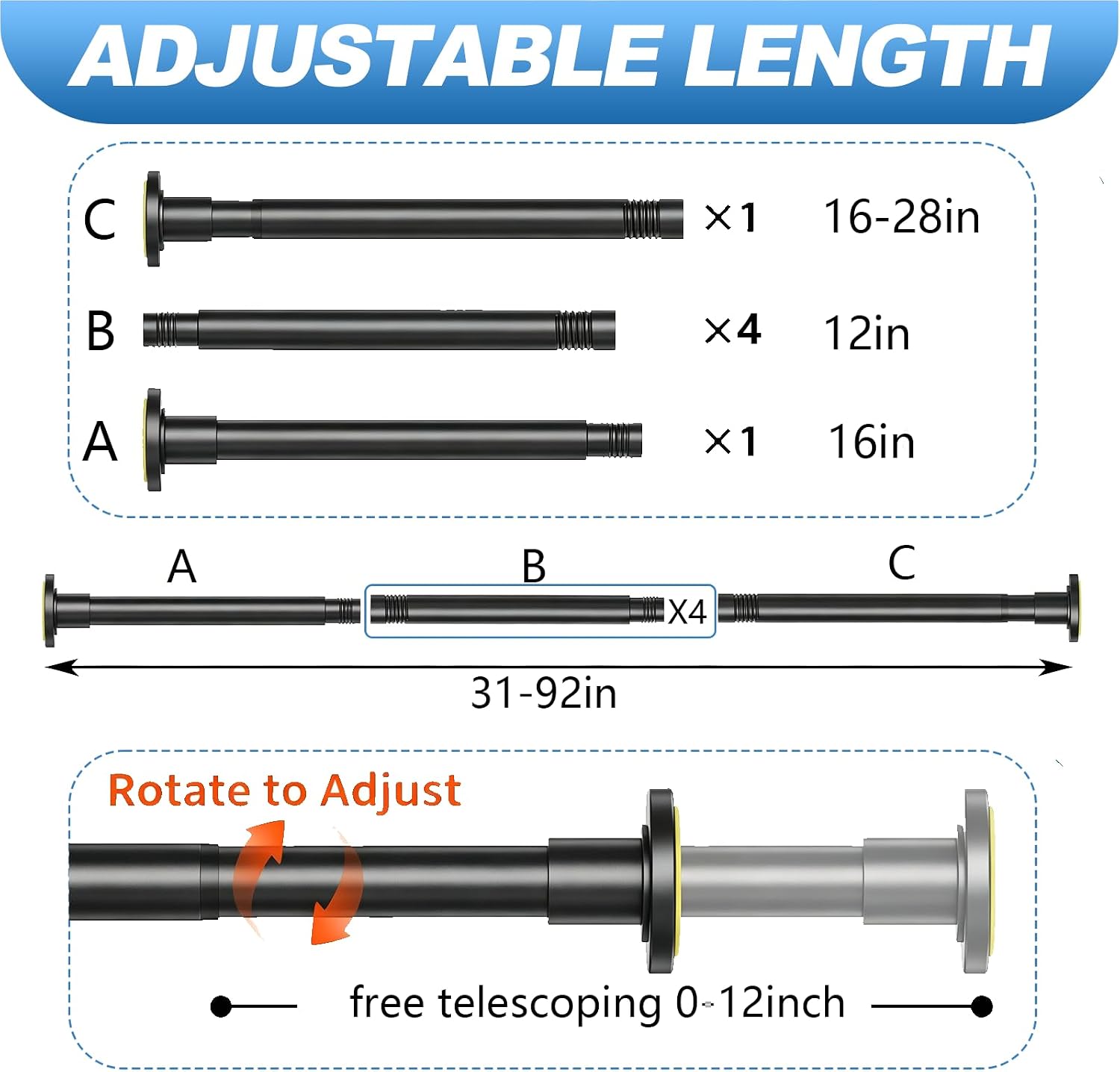Detalle 2 de CorkLatta Y003 Black Stainless Steel Tension Shower Curtain Rod, 31–92 Inch