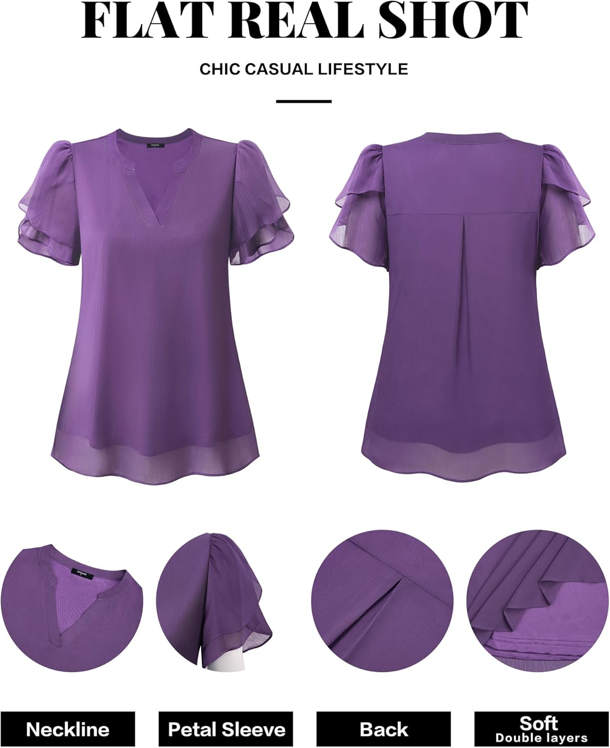 Thumbnail 4 de Lotusmile Women's Dressy Chiffon Blouses: Puff Sleeve V-Neck Top for Summer & Work