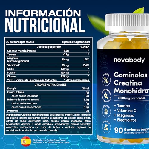 Thumbnail 4 de Gominolas de Creatina Monohidrato 4500 mg – Novabody, con Taurina, Magnesio y Vitamina C, 90 gummies (Veganas, Sin Azúcar)