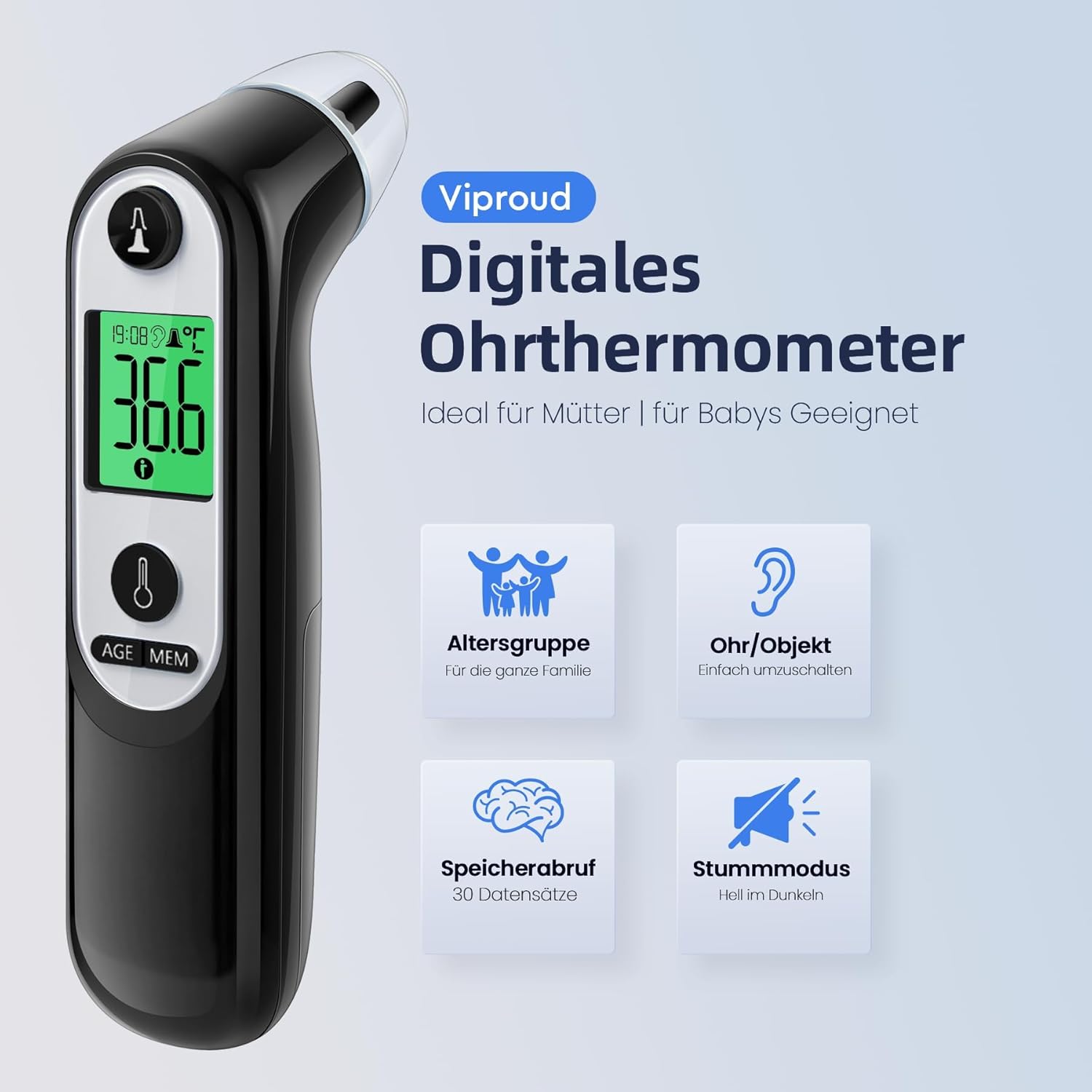 Thumbnail 1 de Digitales Infrarot-Ohrthermometer für Babys, Erwachsene & Senioren (Schwarz) – farbcodiertes Display, 21 Hygienekappen
