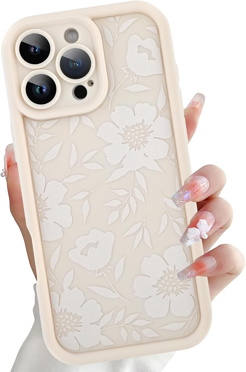 Detalle de OOK 64TYK-beigeflower-16pro Floral Silicone Case for iPhone 16 Pro, Beige