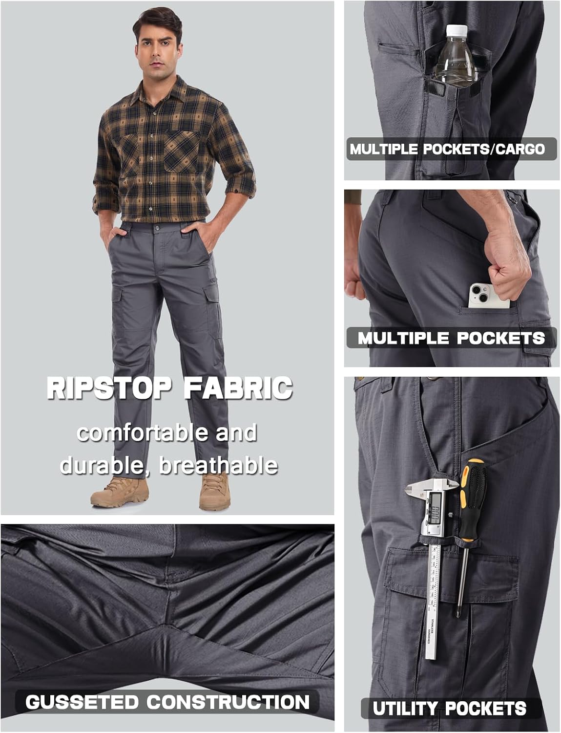 Detalle 2 de SPOSULEI Men's Ripstop Cargo Work Pants, 7 Pockets, Water-Resistant