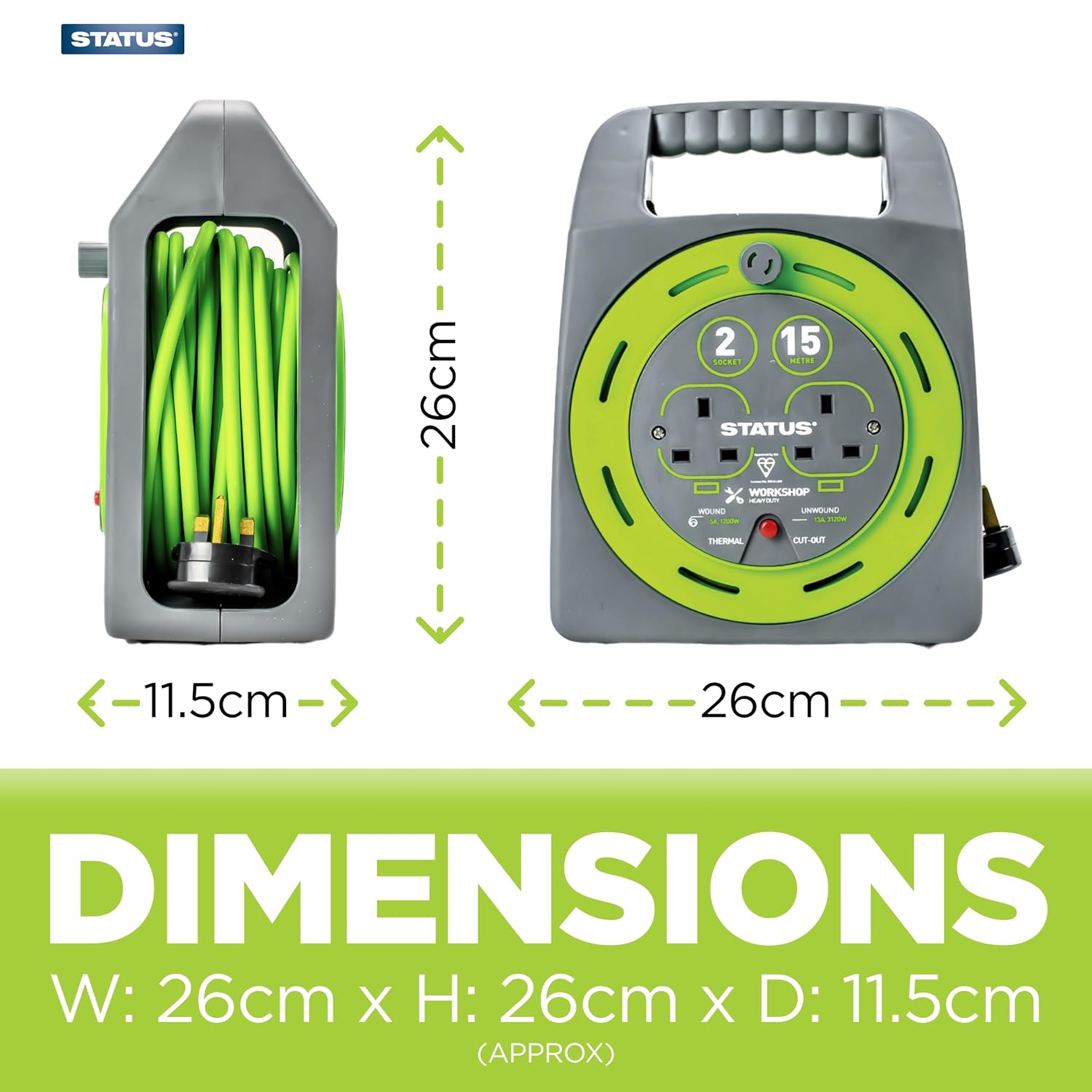 Detalle 2 de STATUS 2 Socket Cable Reel 15m Green Extension Lead