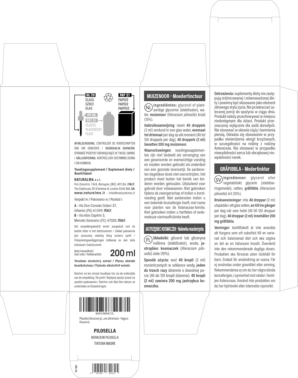 Detalle de Pilosella Hieracium pilosella Tintura Madre analcoolica 200 ml di Naturalma — Integratore vegano in gocce