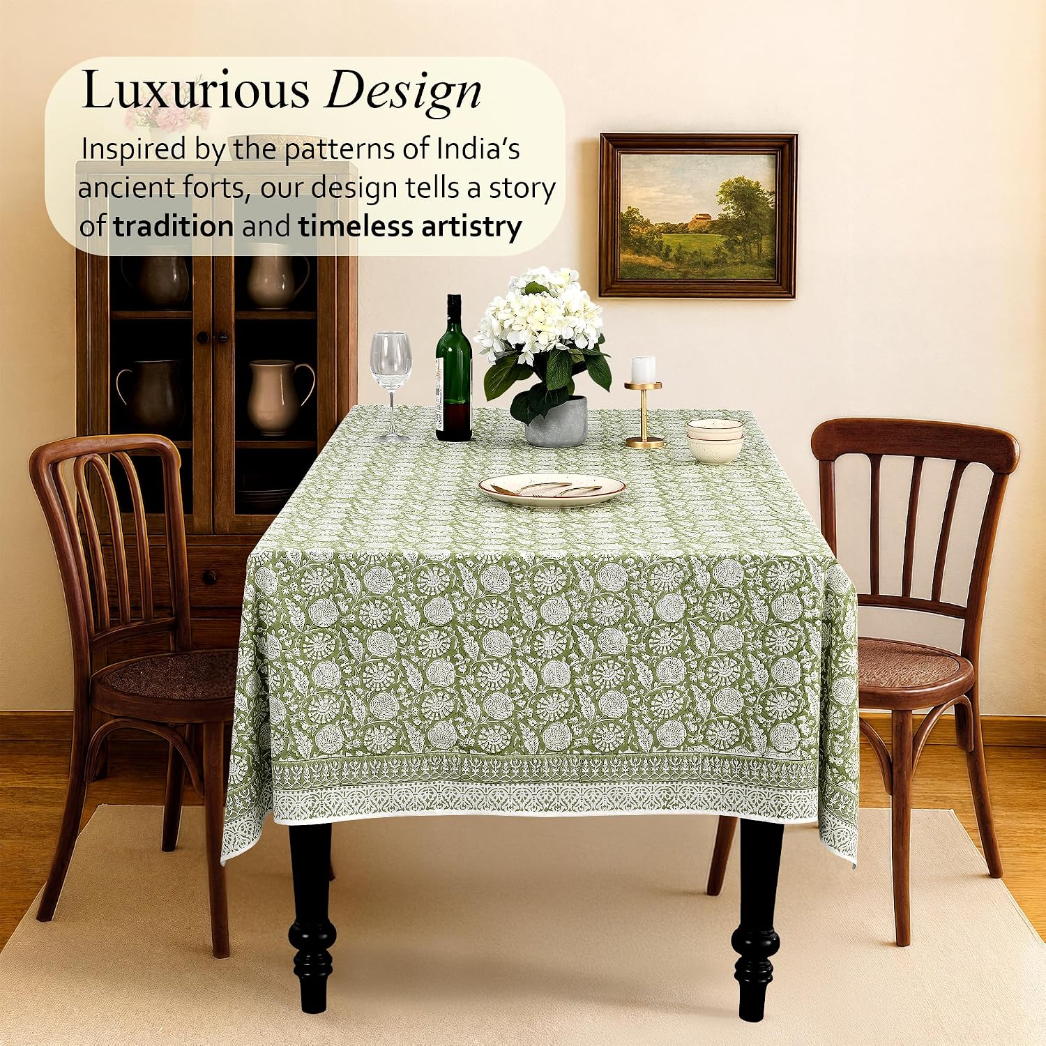 Thumbnail 1 de CPC Olive Bloom 60x90 Inch 100% Cotton Indian Block Print Tablecloth