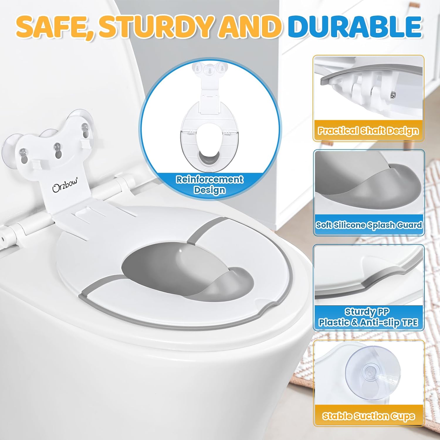 Thumbnail 4 de Orzbow Réducteur de toilette pour enfant pliable — longueur ajustable 40–44 cm avec ventouses et barrière en caoutchouc
