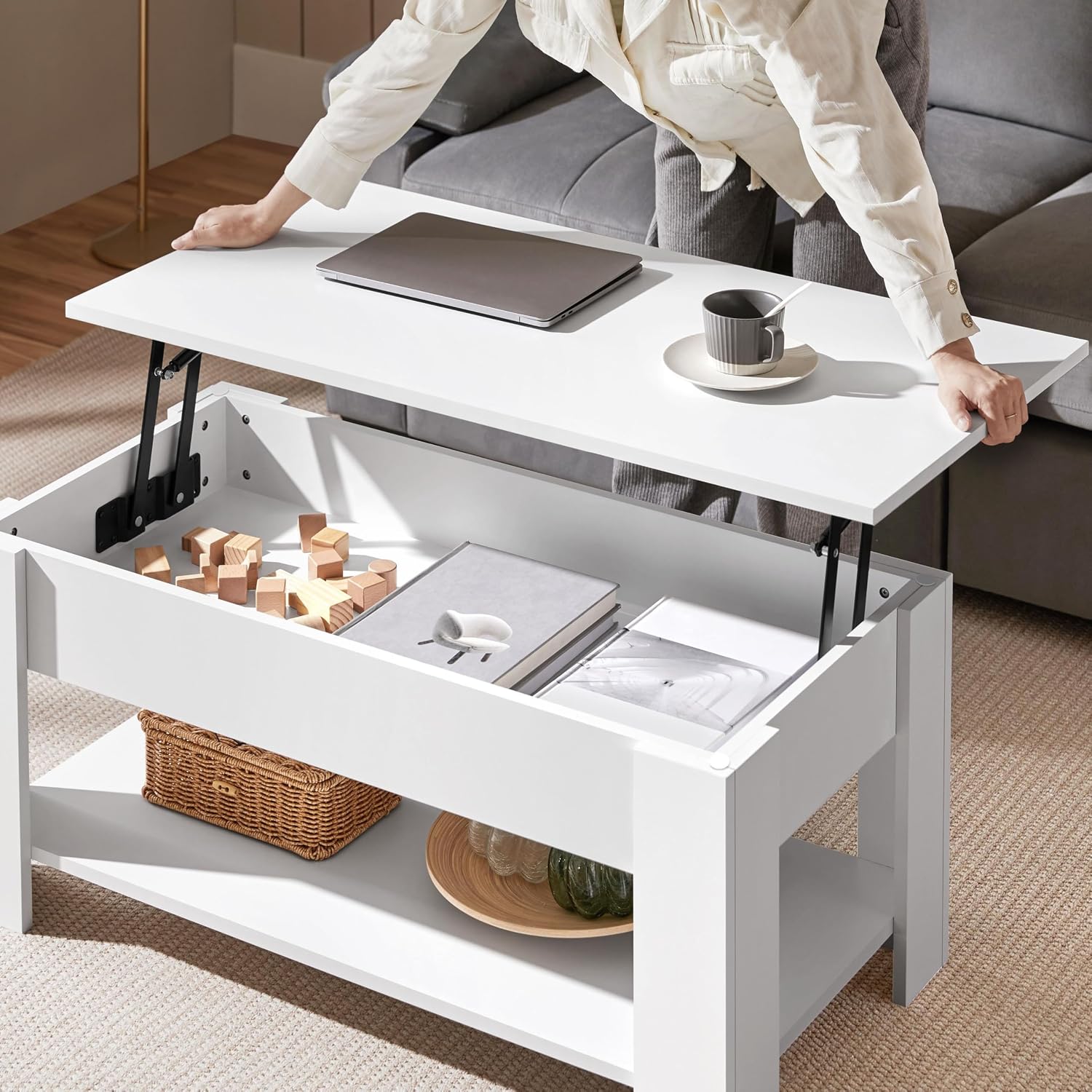 Thumbnail 3 de Yaheetech Couchtisch mit Höhenverstellbarer Platte – Kaffeetisch mit Lift-Top, weiß