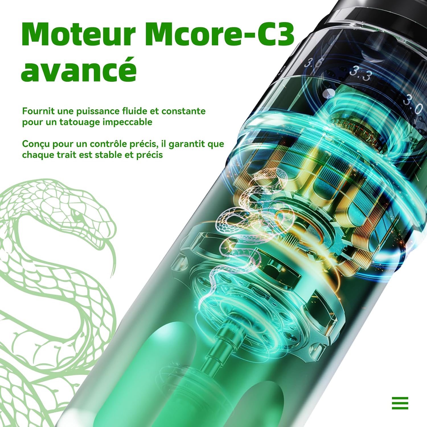 Detalle de Dragonhawk Fold Pro « Year of Snake » Mcore-C3 — kit machine à tatouer sans fil 3000 mAh avec 2 piles