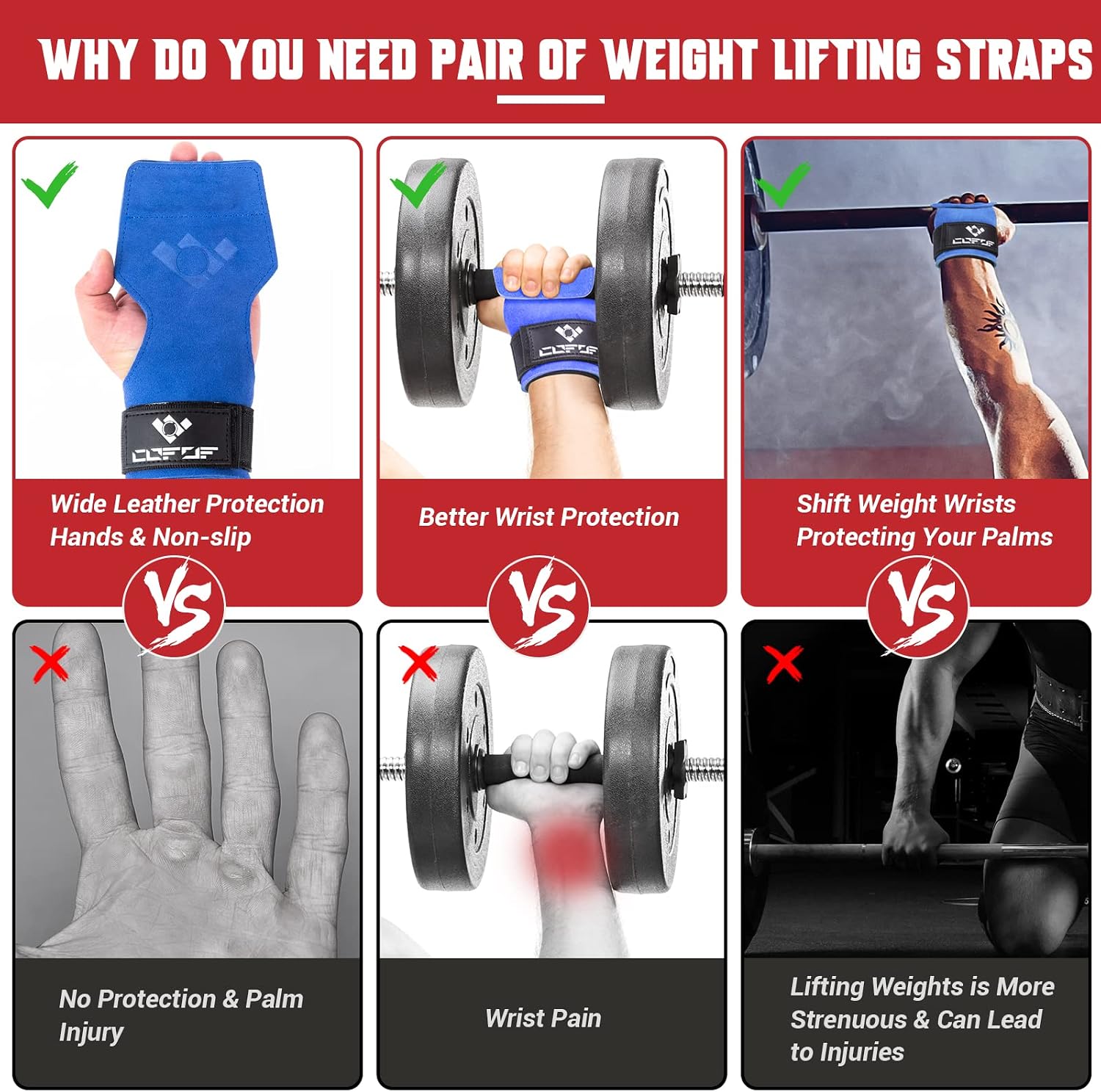 Detalle de COFOF Double-Layer Leather Weightlifting Straps with Adjustable Neoprene Padding