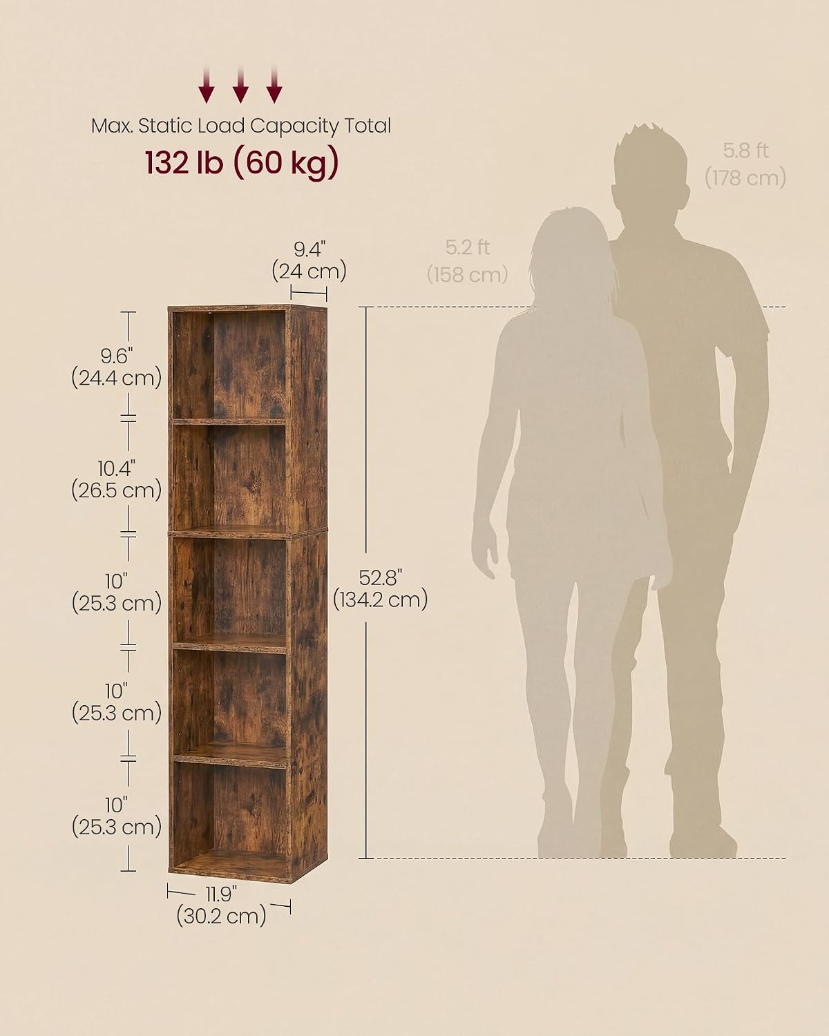Detalle de VASAGLE Collection 5-Tier Bookcase (CUSTOS LBC419KD01) – Open Storage Shelving in Rustic Brown