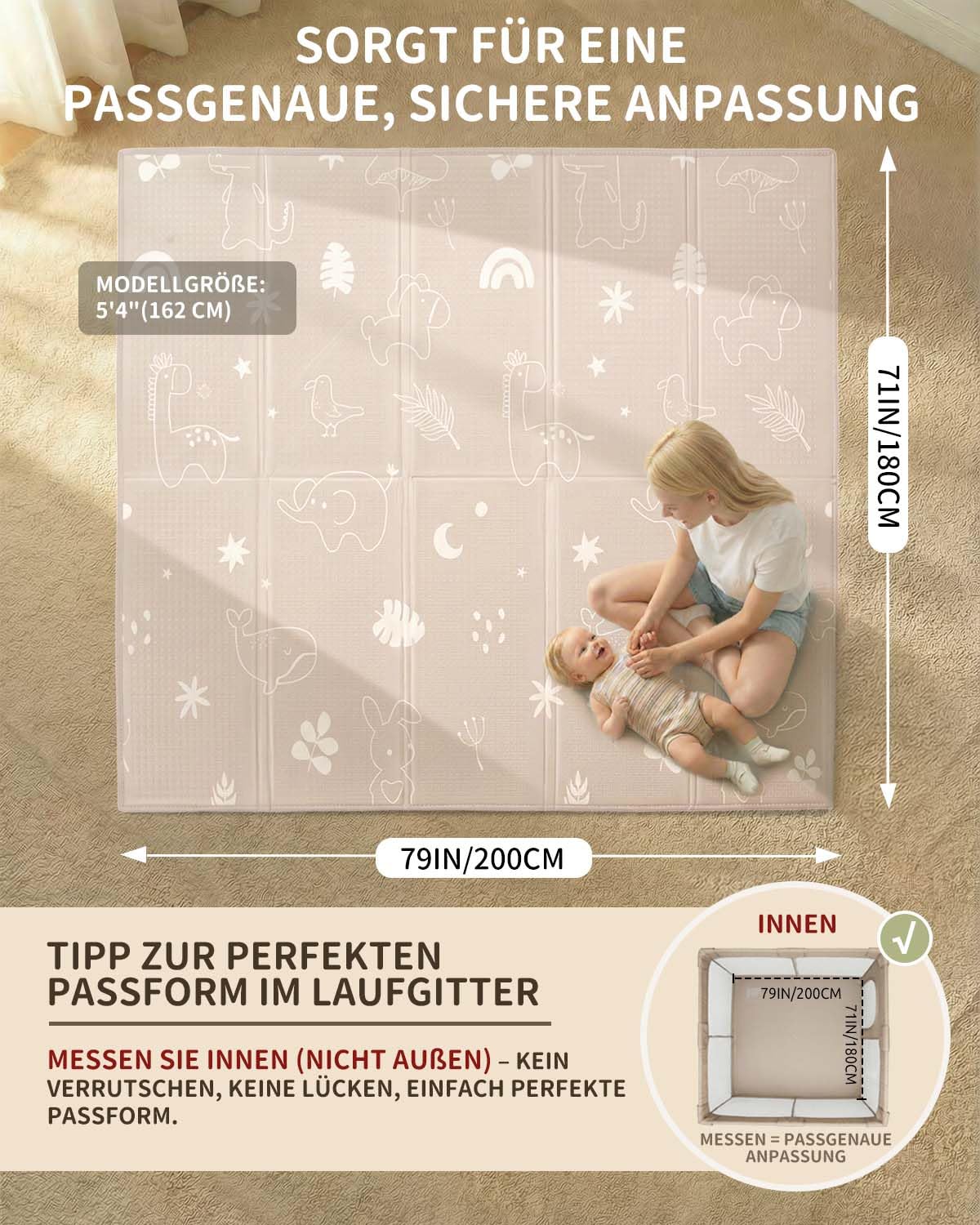 Detalle de Joypony Krabbelmatte Baby 180x200 cm – Große faltbare Spielmatte, wasserdicht & rutschfest, mit Tragetasche