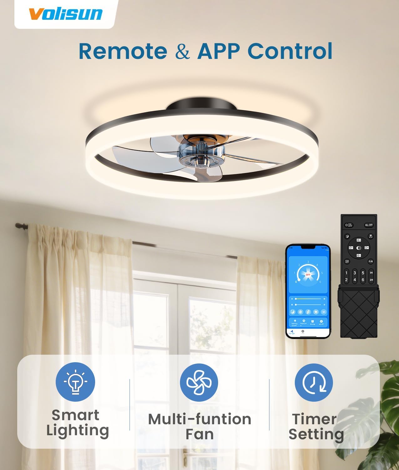 Detalle de VOLISUN 8225C-3K 20-Inch Ceiling Fan with Dimmable LED Light and Remote