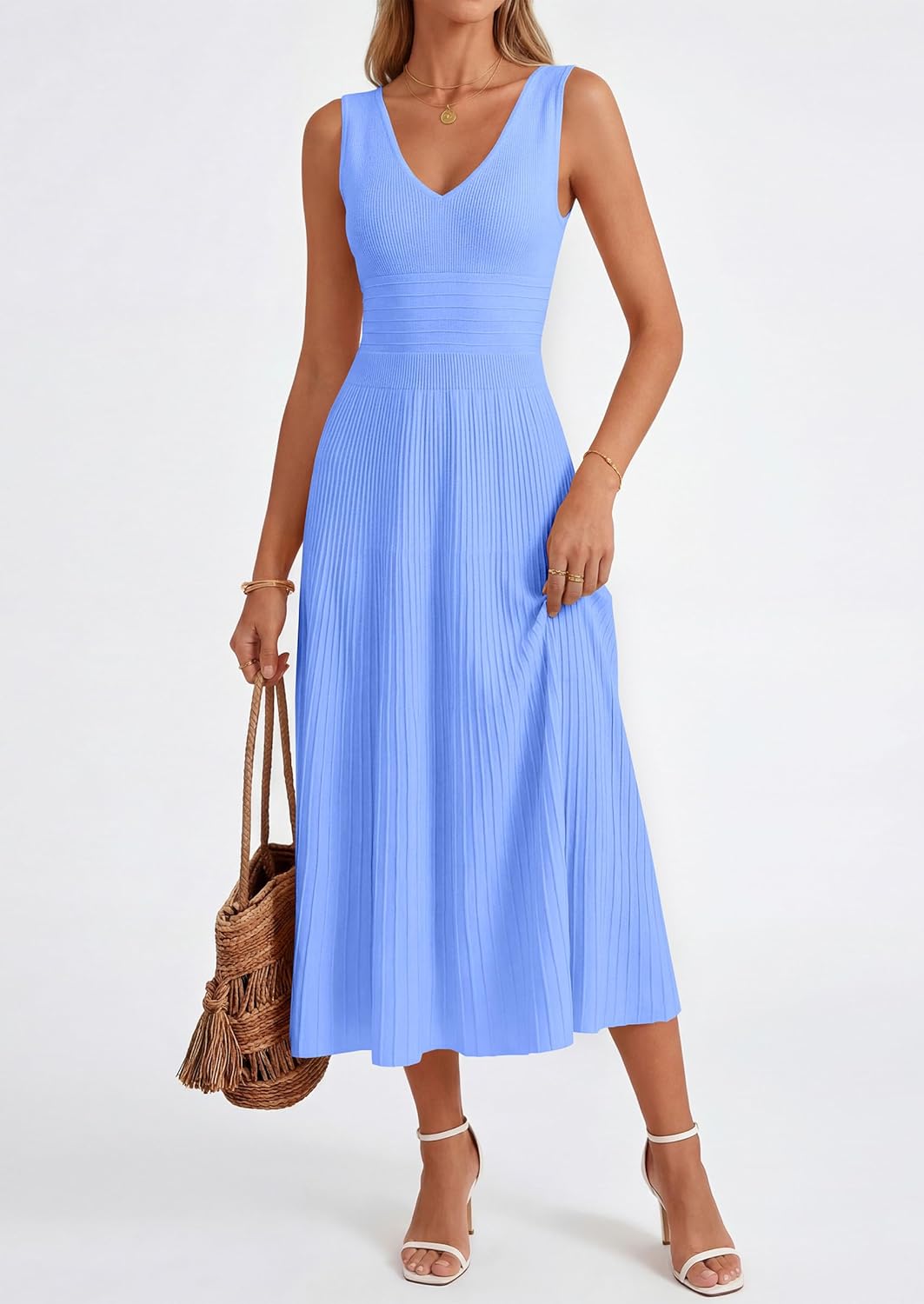 Thumbnail 3 de PRETTYGARDEN Summer Dresses for Women 2026: Pleated Midi V-Neck Sleeveless Dress
