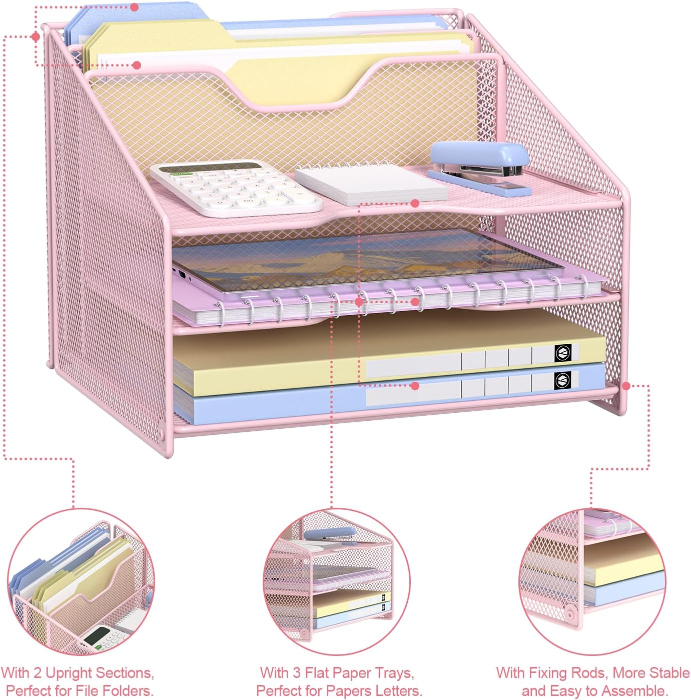 Detalle 1 de Samstar SS-00135 Pink Mesh Desk Organizer with 3 Trays and 2 File Sections