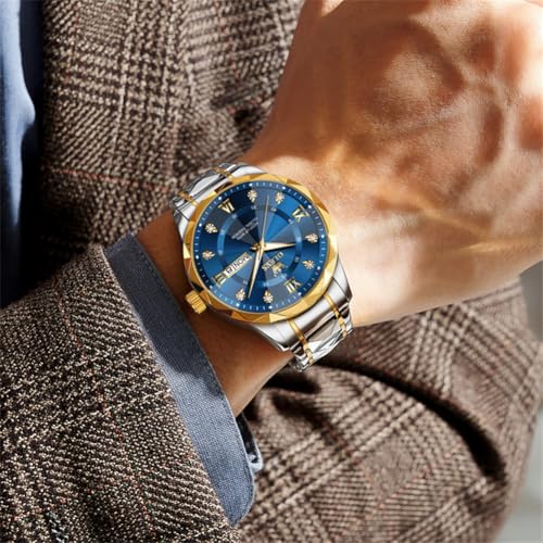 Detalle de OLEVS Men's Business Watch, Gold and Blue, Quartz, Stainless Steel Band