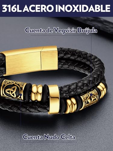 Thumbnail 6 de Bandmax Pulsera Viking de Cuero Trenzado para Hombre 23 cm con Doble Capa, Cuentas de Acero Inoxidable y Cierre Magnético