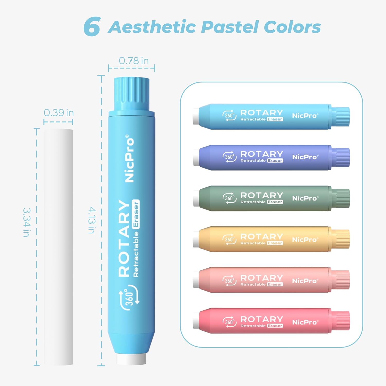 Detalle 2 de Nicpro 6-Pack Retractable Erasers, Soft TPE Twist Design, Rainbow Colors