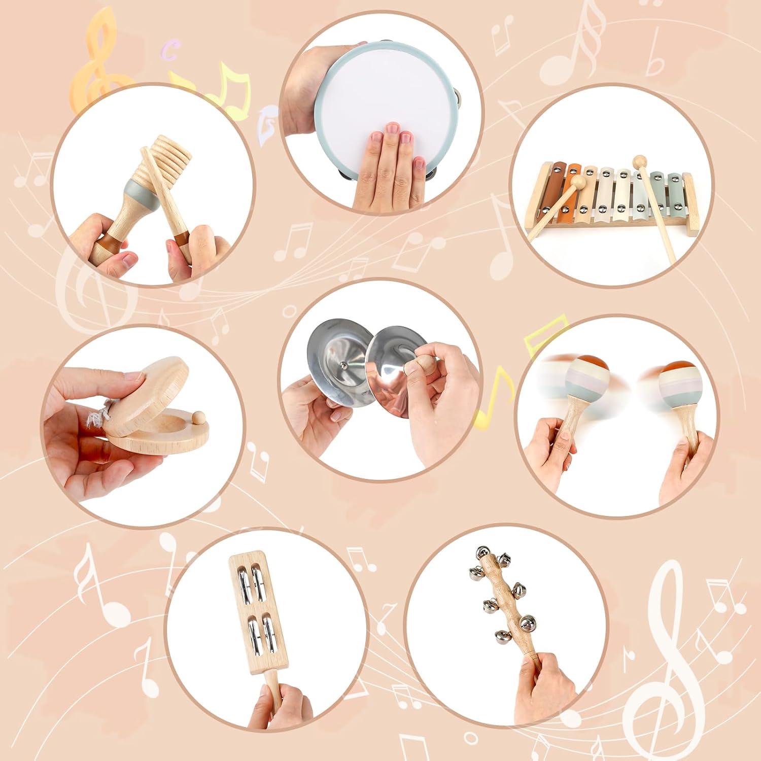 Thumbnail 5 de Joyreal Kids Musical Instruments Montessori Wooden Toy Set (18M+) – Neutral boho percussion and xylophone