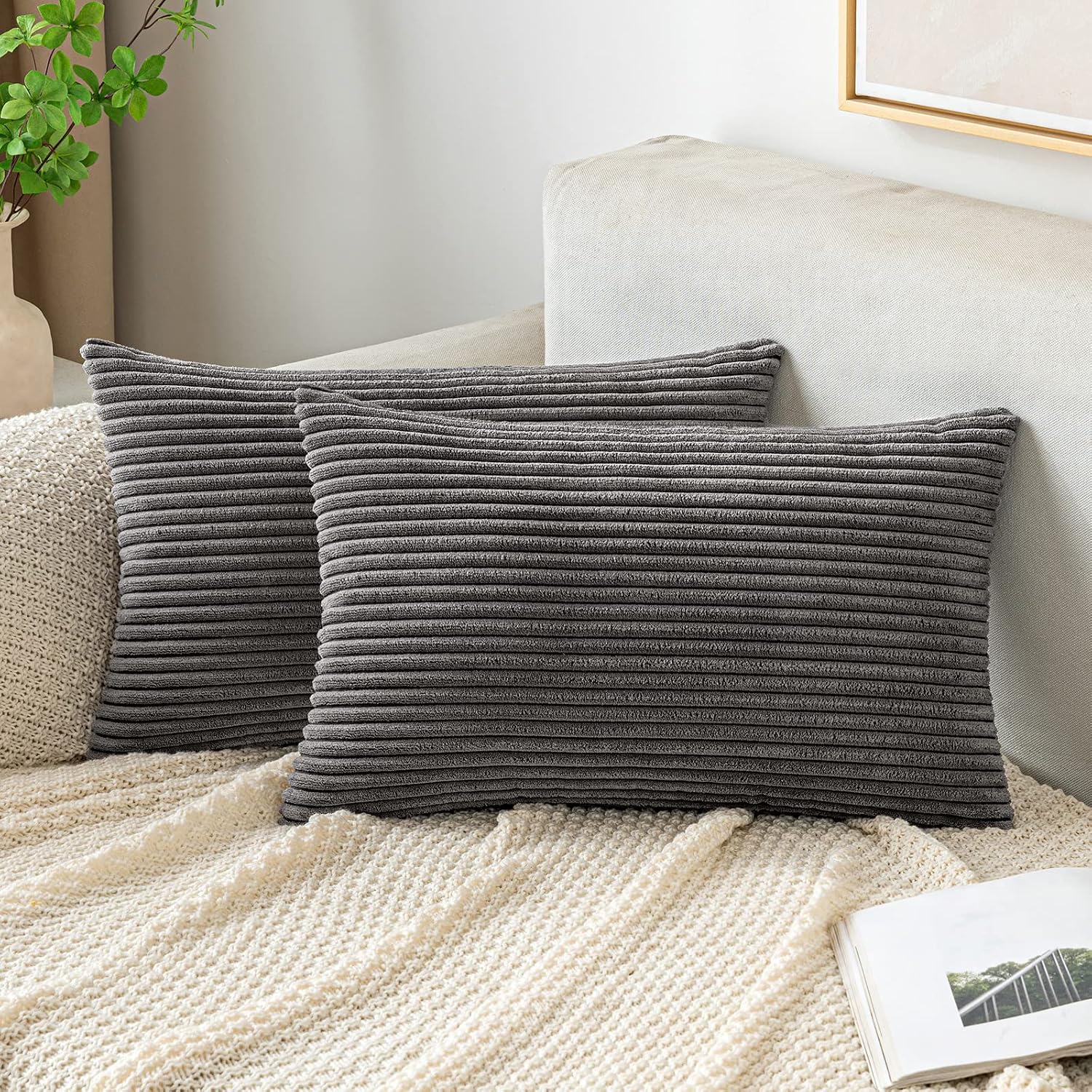 Detalle de EMEMA Kissenbezug 30x50 cm Kordsamt – 2er Set Grau