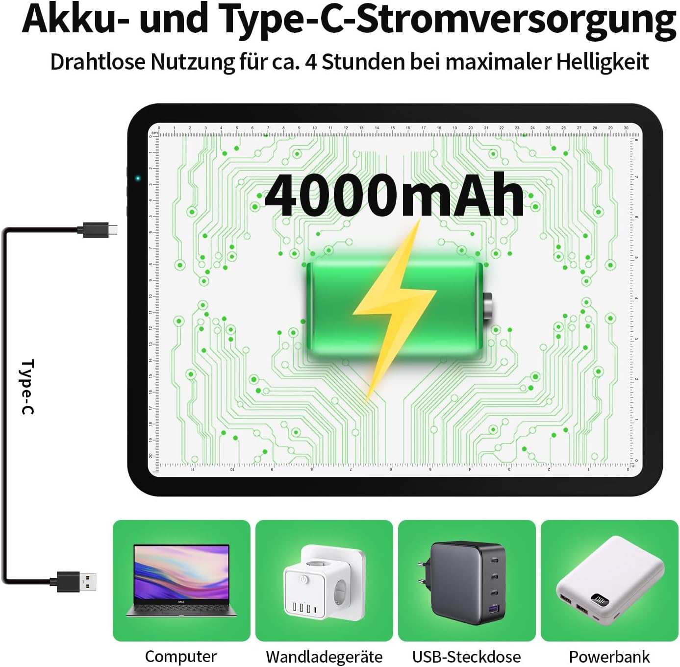 Detalle 2 de 9000 Lux Superhell Wiederaufladbare A4 Leuchttischplatte – Ultraleucht, Magnetisch, USB-C & Batterie
