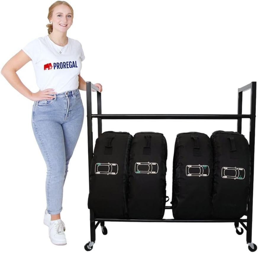 Detalle 2 de PROREGAL Carrero Étagère à pneus sur roulettes – 115 x 111 x 40 cm, jusqu’à 8 pneus sur 2 niveaux, couleur Noir