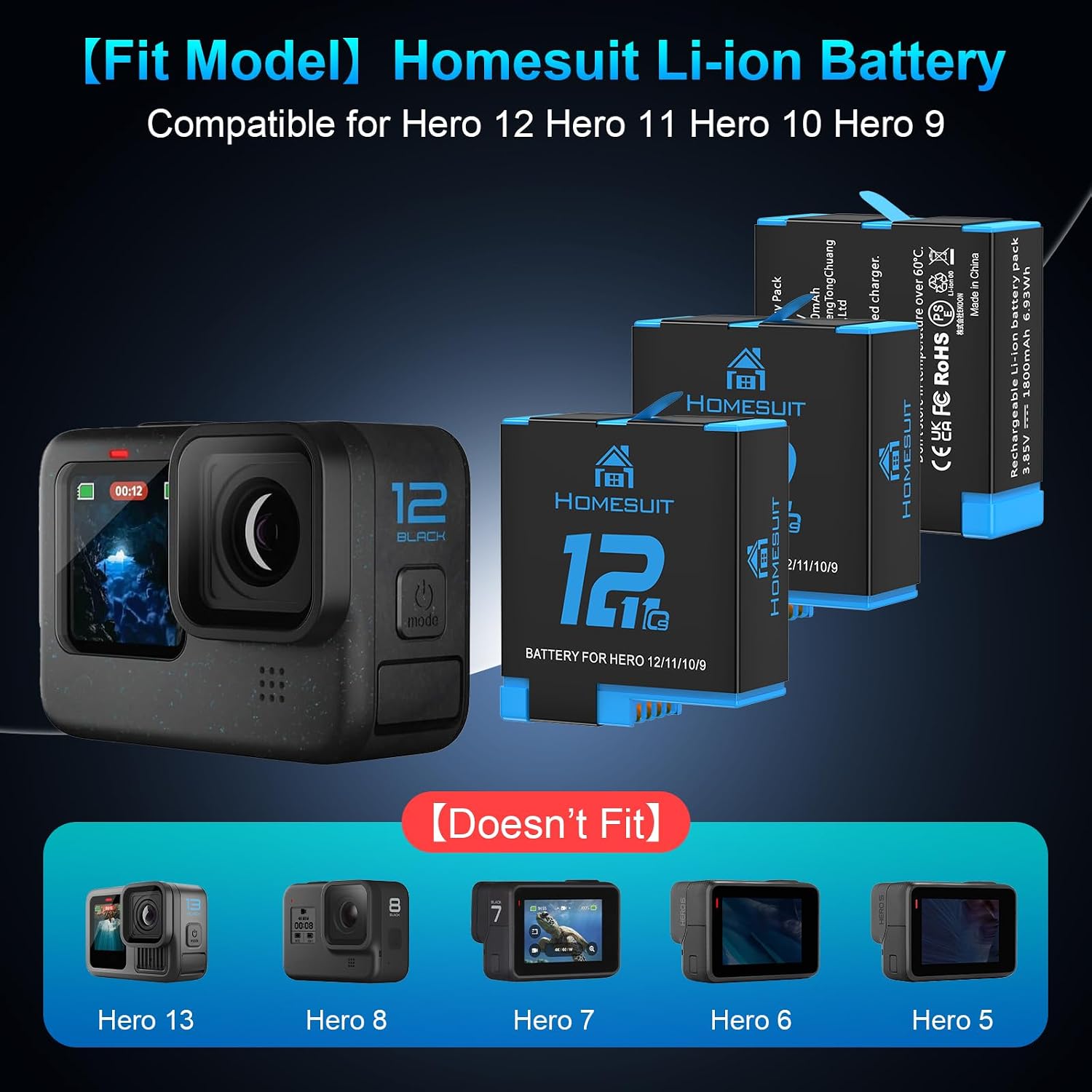 Detalle 2 de Homesuit Hero 12 11 10 9 Battery 1800mAh 3-Pack