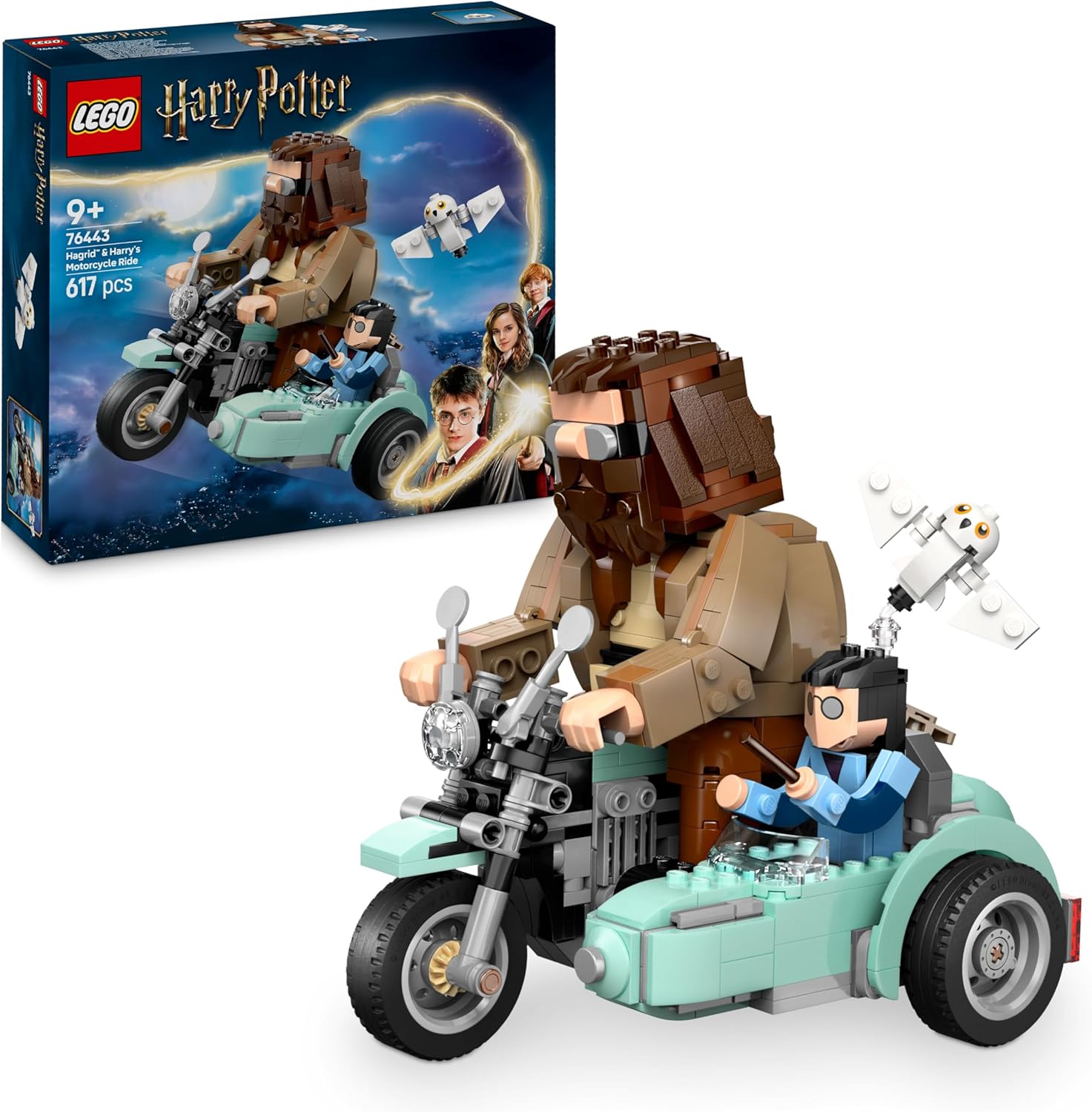 Detalle de LEGO Harry Potter 76443 „Hagrids und Harrys Motorradtour“ mit Motorrad, Beiwagen & Eule Hedwig