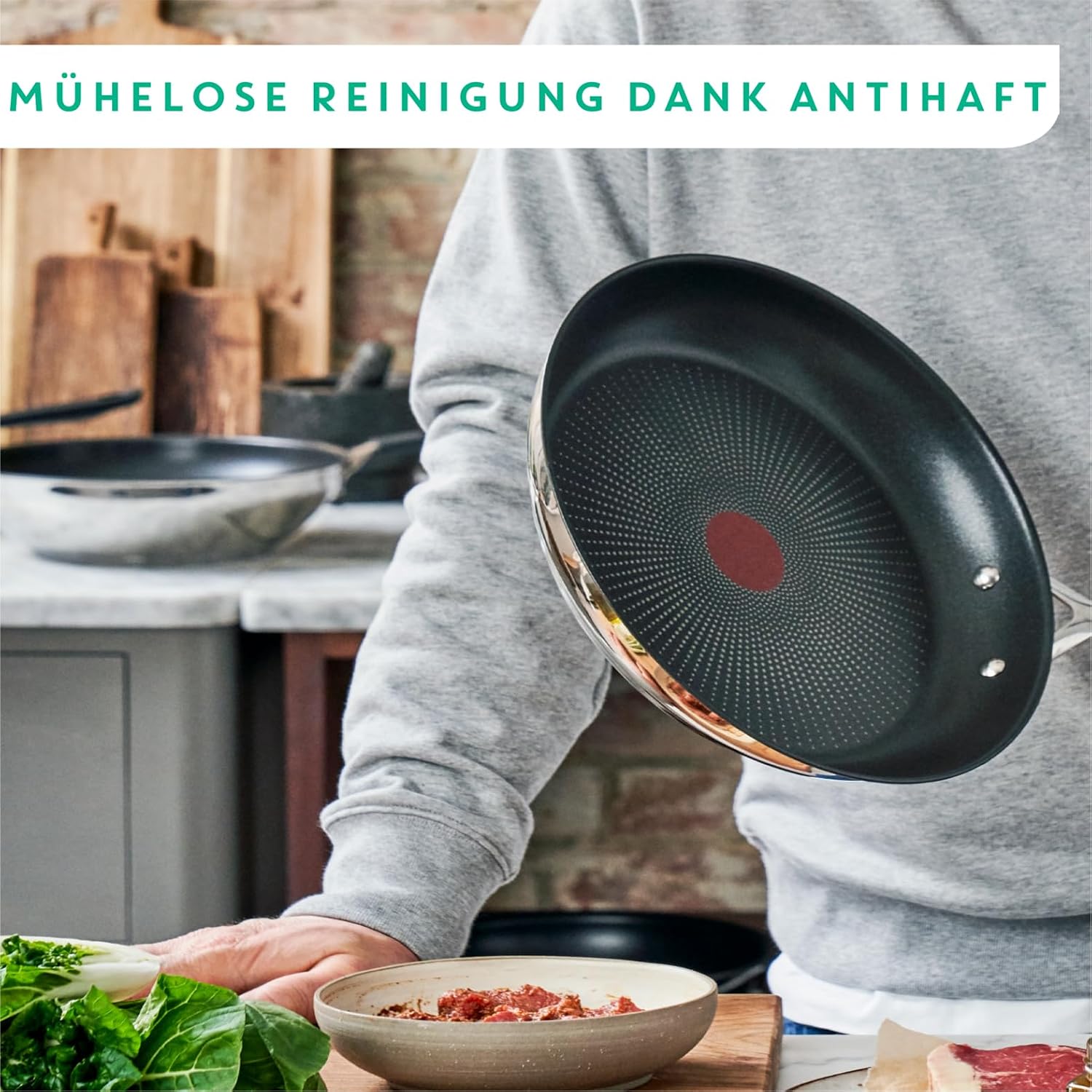 Detalle de Tefal Jamie Oliver Cook's Direct On Wokpfanne 28 cm – Titan-Antihaft, Thermo-Signal, Induktion