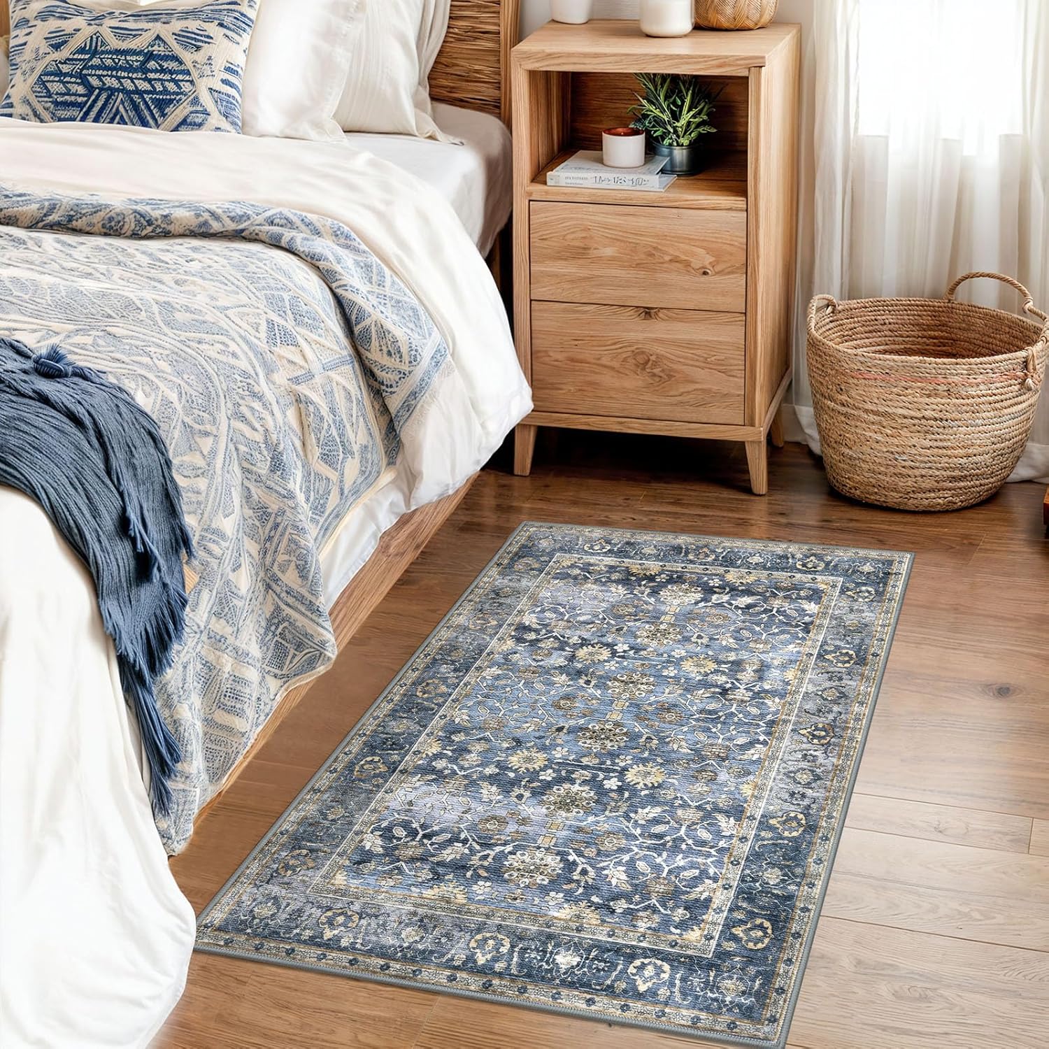 Thumbnail 2 de KUTA Vintage 2x3 Entryway Rug with Floral Print, Blue-Grey-Beige, Non-Slip, Washable