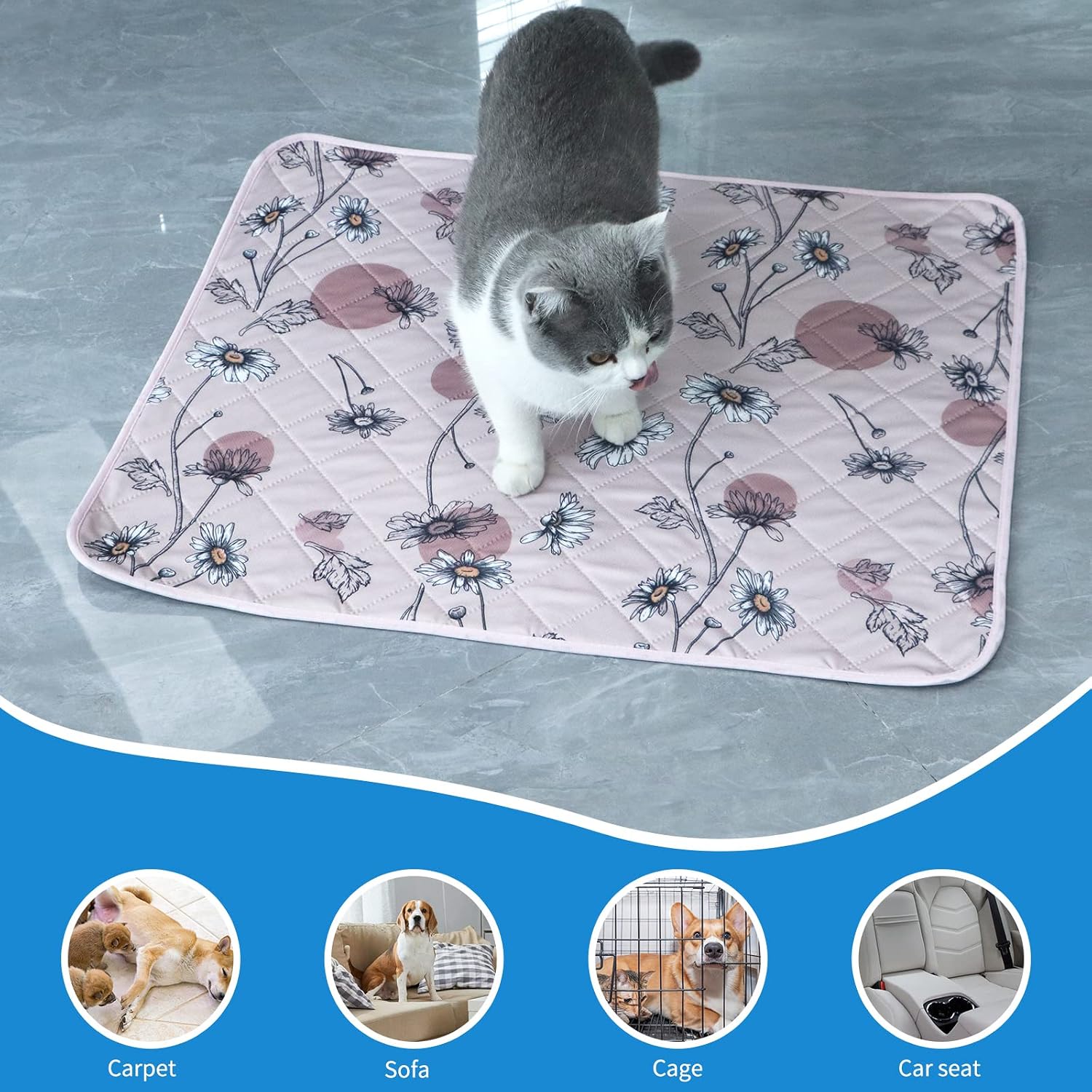 Thumbnail 5 de IEUUMLER 2–Paar waschbare Welpenunterlagen 60×60 cm, rosa Gänseblümchen –Mehrlagig, wiederverwendbar & absorbierend