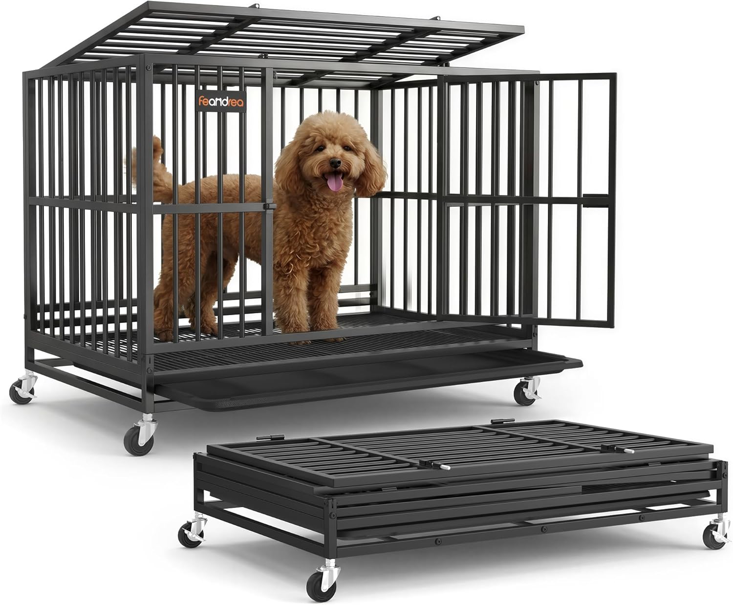 Detalle de Feandrea Heavy-Duty Dog Crate, 5-Minute Quick Assembly, Foldable Kennel with Lockable Wheels