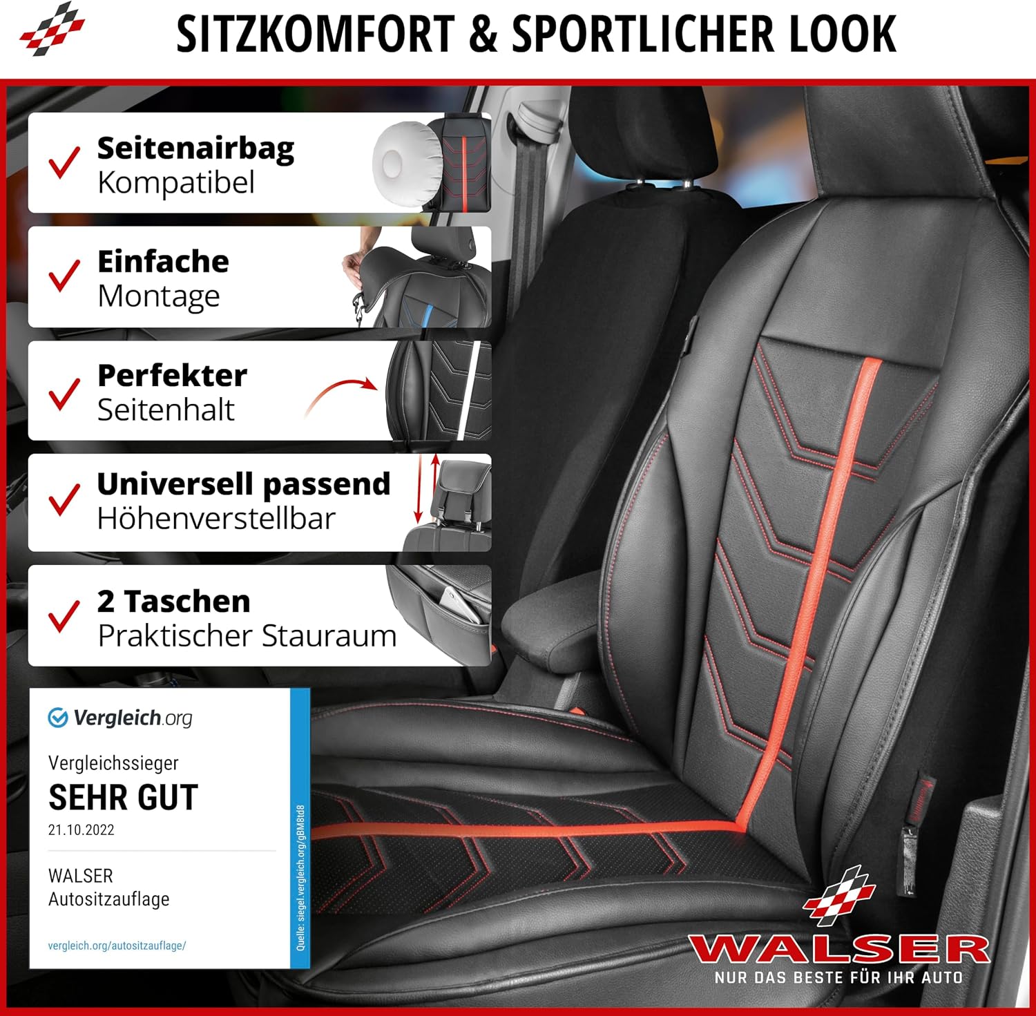 Detalle de Walser Premium Sitzauflage Auto Kimi – Sitzschoner Vordersitze schwarz/rot im Rennsport-Design