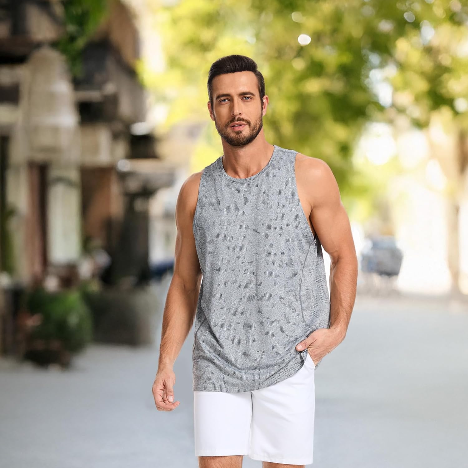 Detalle de AMZSPORT set da 2 canottiere uomo senza maniche in mesh jacquard per palestra e workout