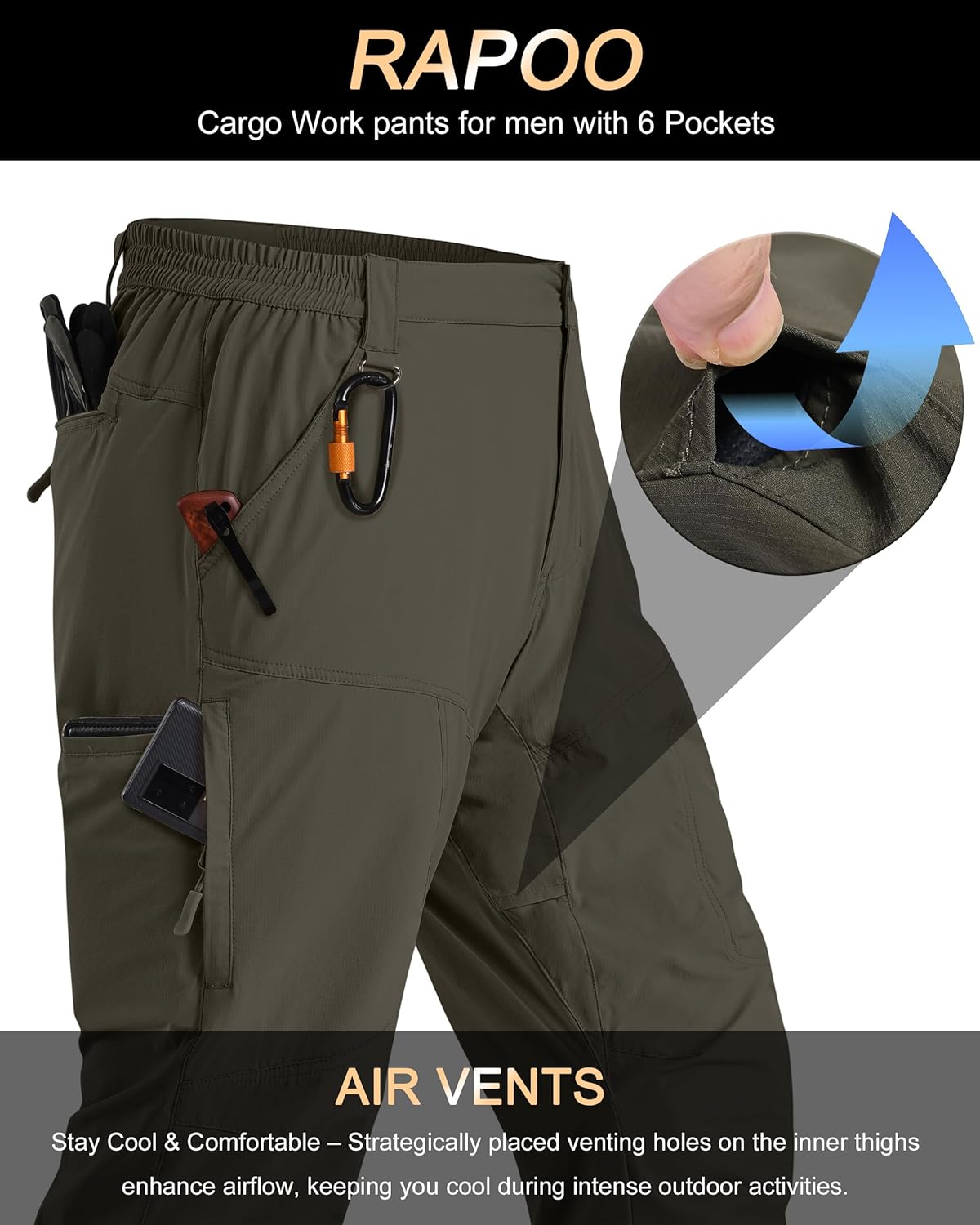 Thumbnail 1 de Rapoo Mens Hiking Pants: Lightweight, Water-Resistant Nylon Cargo Pants with 6 Pockets