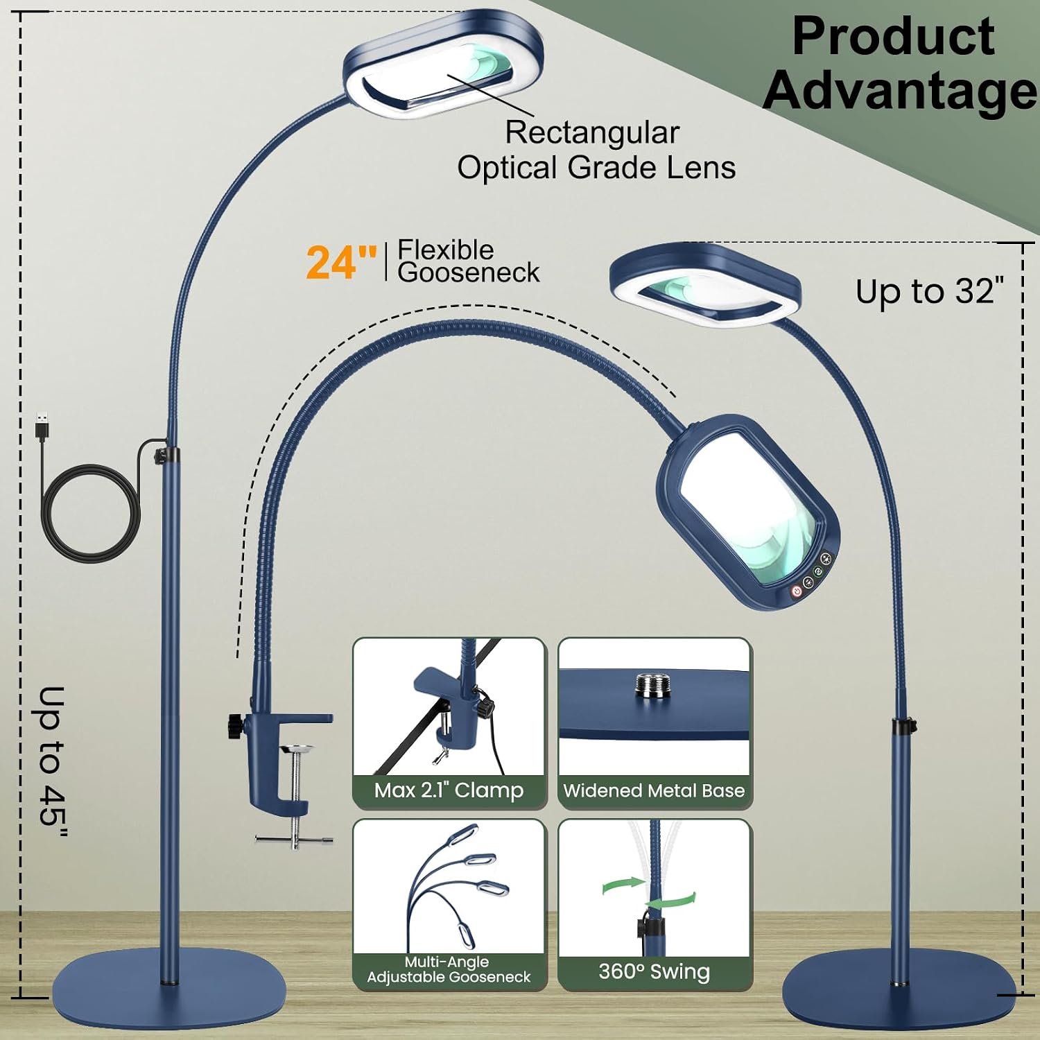 Thumbnail 4 de Veemagni 12X Rectangular Magnifying Glass with Light and Stand — 24" Gooseneck Floor Lamp, 3-in-1 LED with 5 Colour Modes