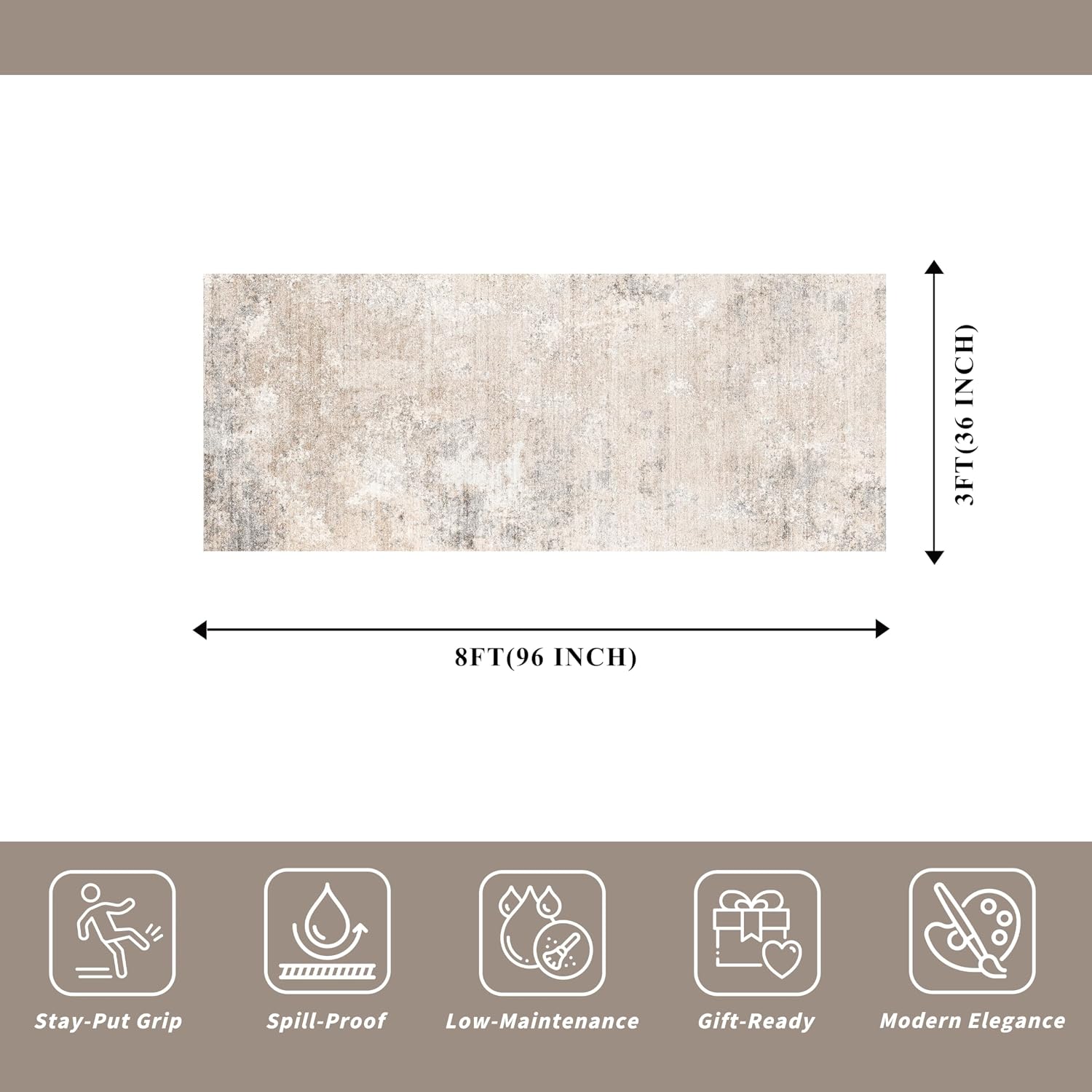 Detalle de 3x8 Washable Non-Slip Runner Rug – Modern Abstract Neutral Beige Grey