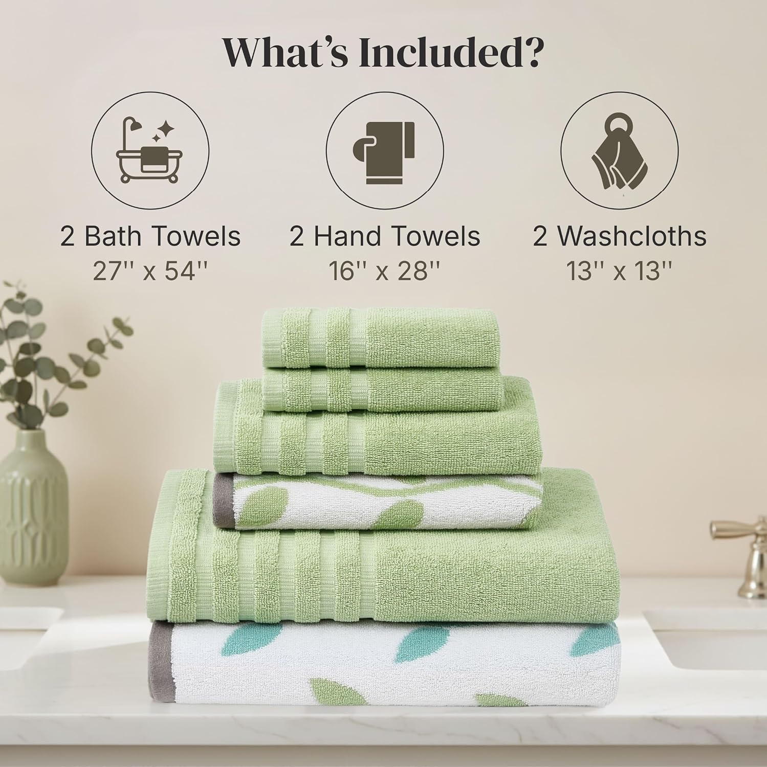 Thumbnail 2 de Modern Threads Natural Vine 6-Piece 100% Cotton Towel Set – Sage Green