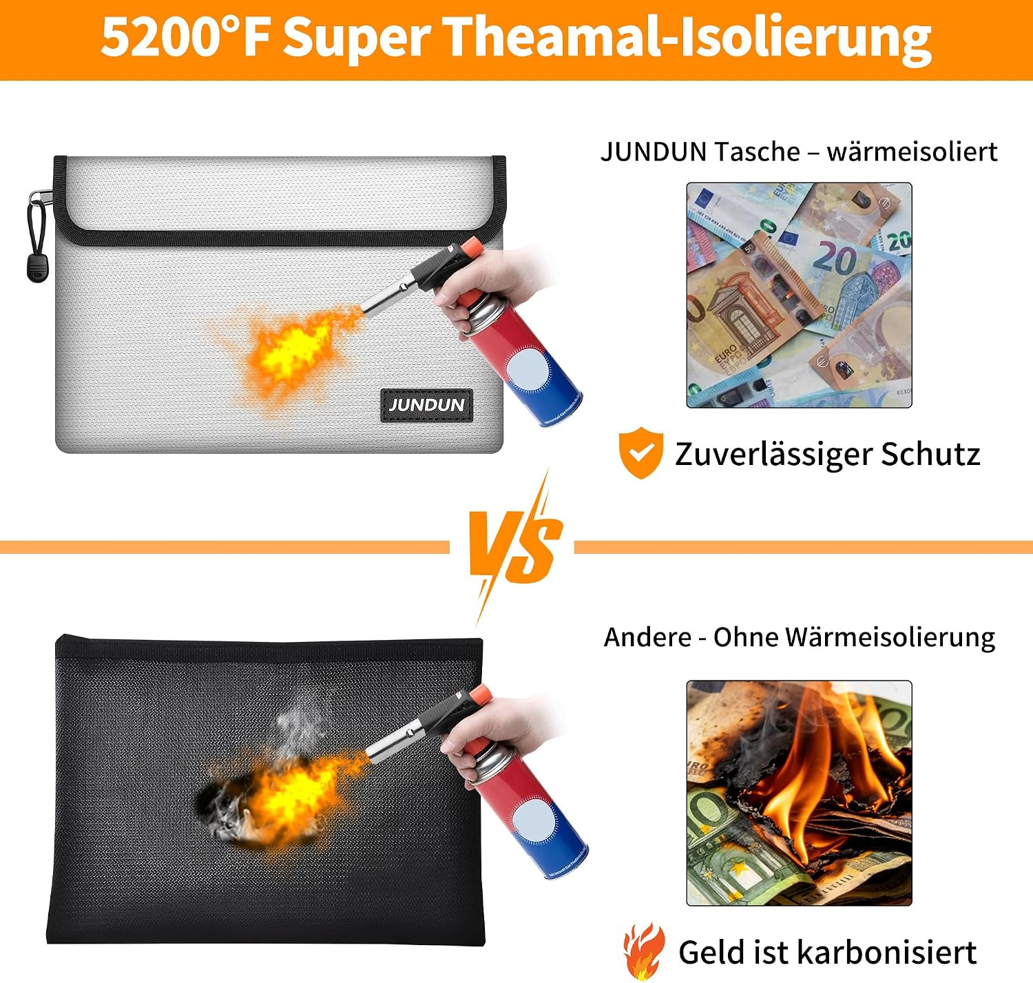 Detalle 2 de JUNDUN Feuerfeste Dokumententasche 27 x 17 cm – 8-lagig, wasserdicht & feuerfest (Silbern)