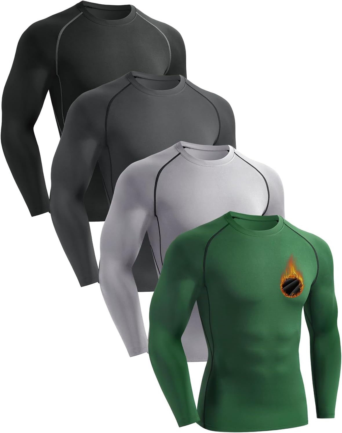 Detalle de Celfaeree 4-Pack Men’s Fleece-Lined Compression Shirts, Long-Sleeve Thermal Base Layers