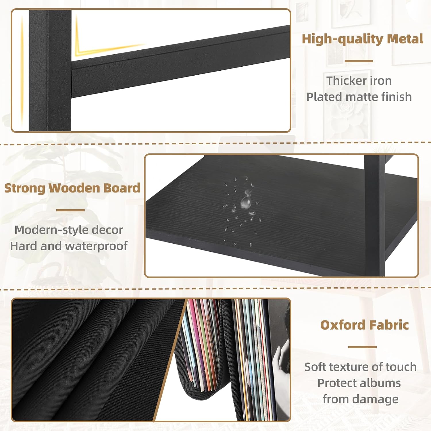 Detalle de Bikoney BKNY-SHELF-001 platenkast voor 200 albums, 3 niveaus, zwart