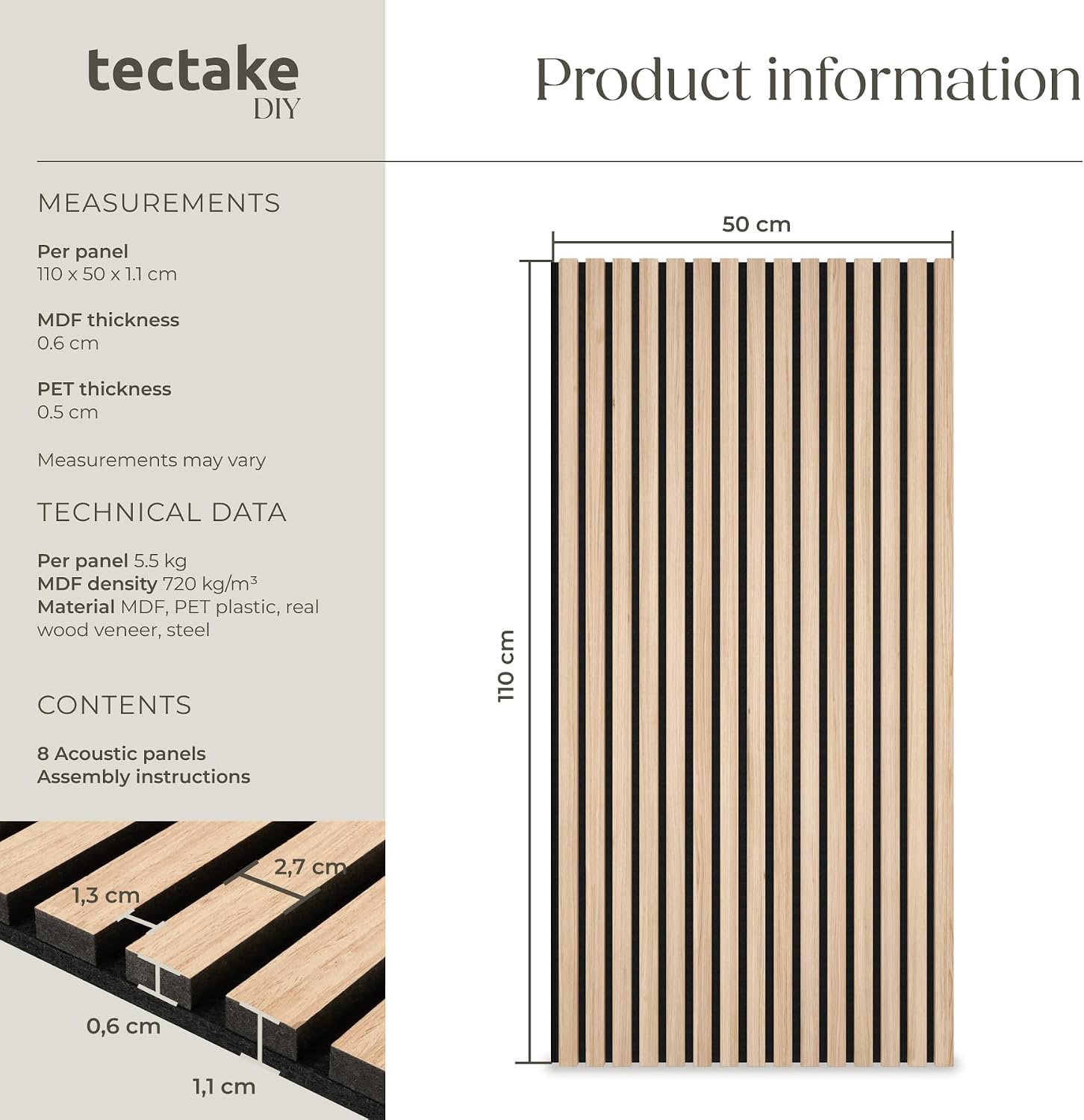 Detalle de tectake® Sonic Wall IV akustikpaneler, 8-pack i ljus ek, skärbara 110 x 50 cm