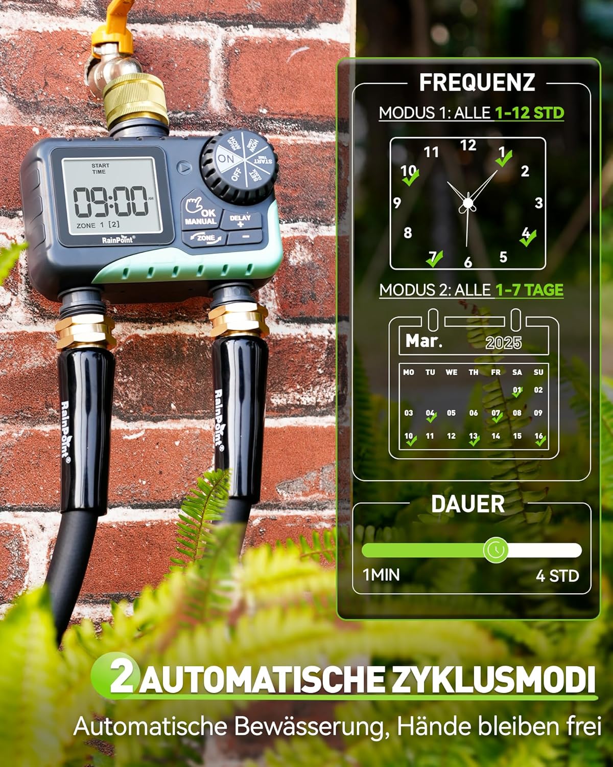 Thumbnail 1 de RAINPOINT Bewässerungscomputer „2“ mit 2 Ausgängen, Messing-Drehgelenk & Regenverzögerung
