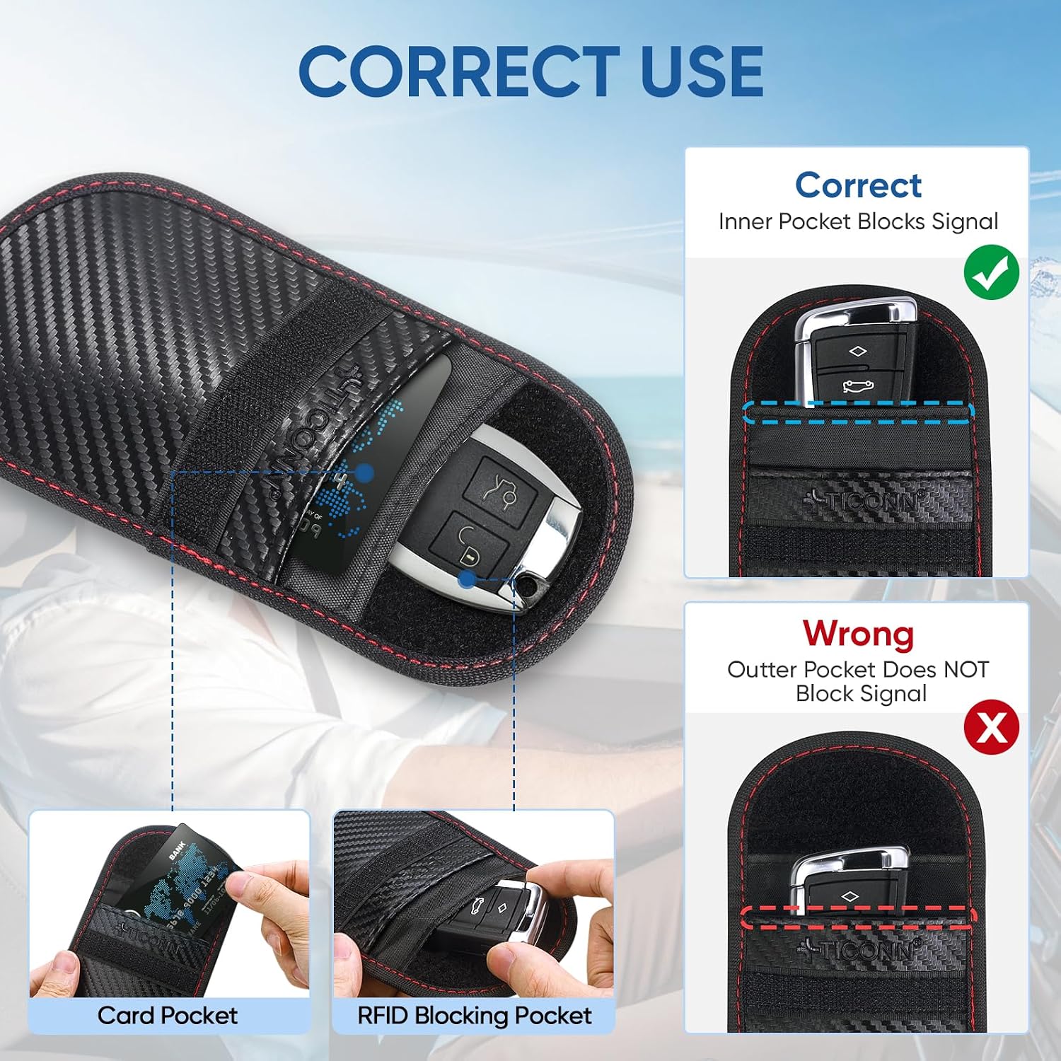 Thumbnail 3 de TICONN 2PK Faraday Bags for Car Keys Fob (3.25" x 4.75"), Dual-Layer Signal Blocker with Carbon Fiber Texture